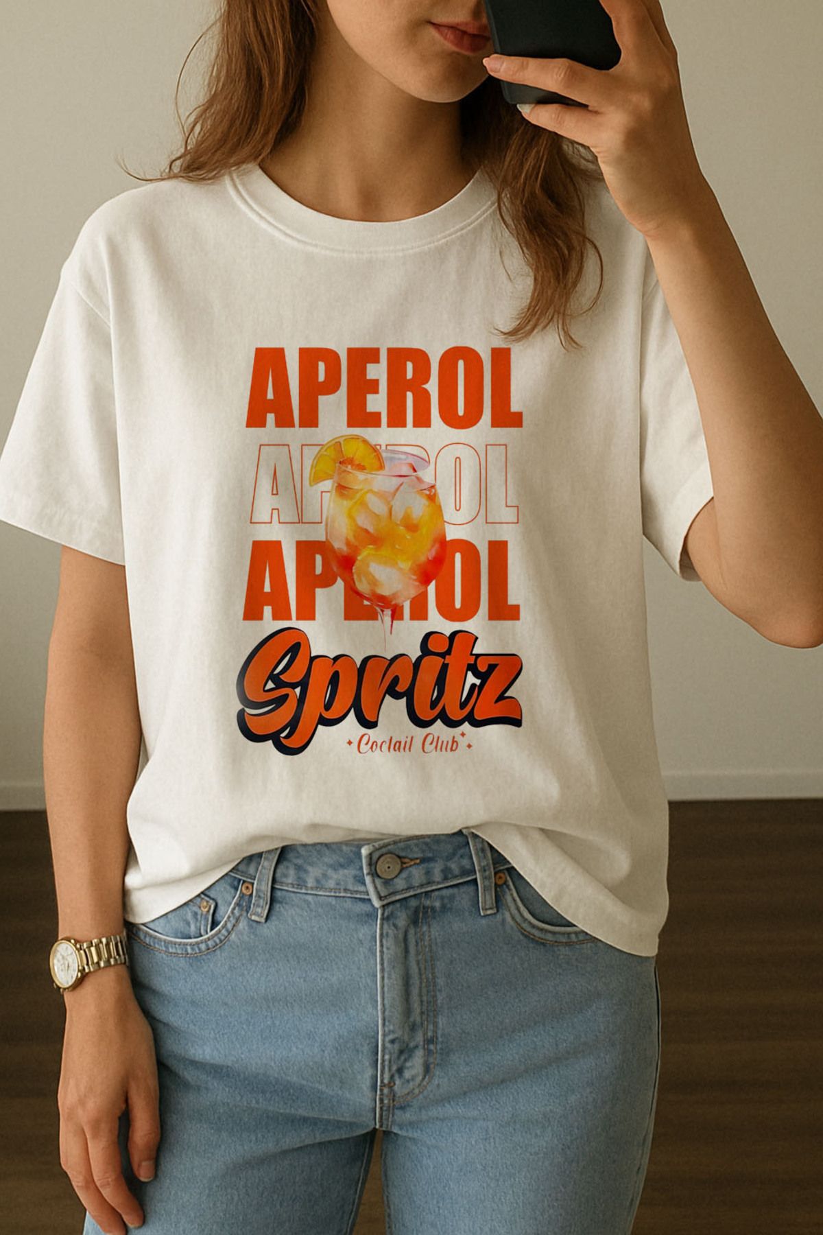 sielta Kadın Aperol Portakal Baskılı Bisiklet Yaka Oversize Beyaz Tişört T-shirt