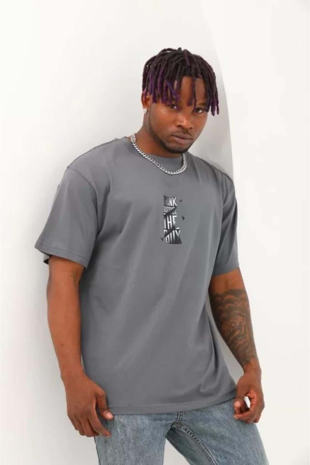 modamtn Unisex Oversize Baskılı Bisiklet Yaka T-Shirt - Füme