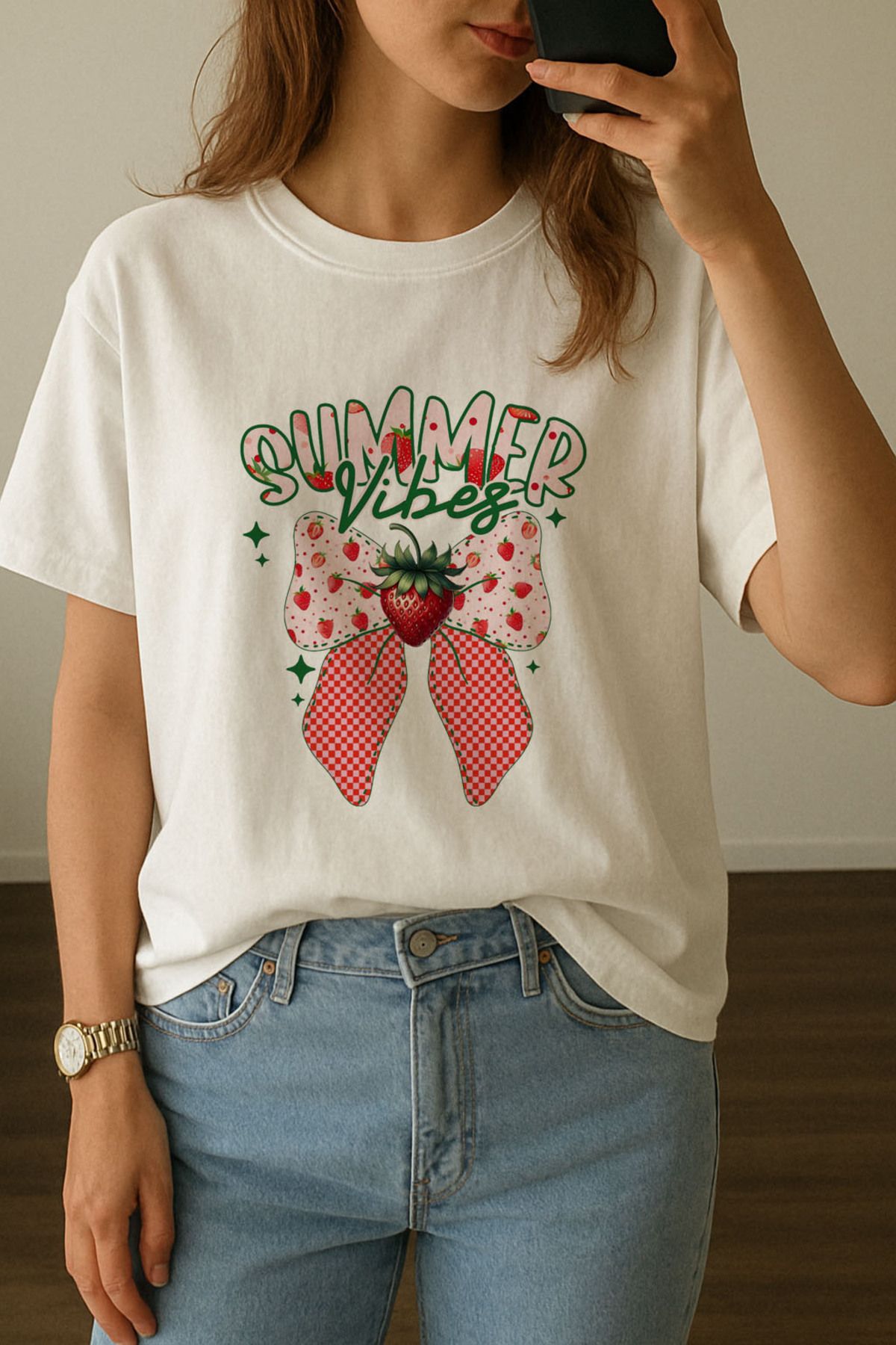 sielta Kadın Summer Çilek Kurdale Baskılı Bisiklet Yaka Oversize Beyaz Tişört T-shirt
