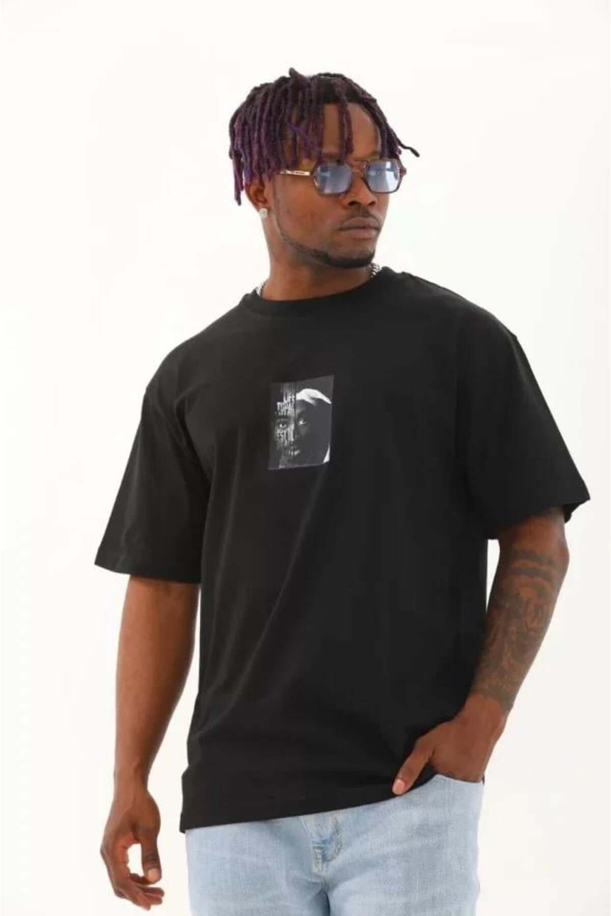 modamtn Unisex Oversize Baskılı Bisiklet Yaka T-Shirt - Siyah