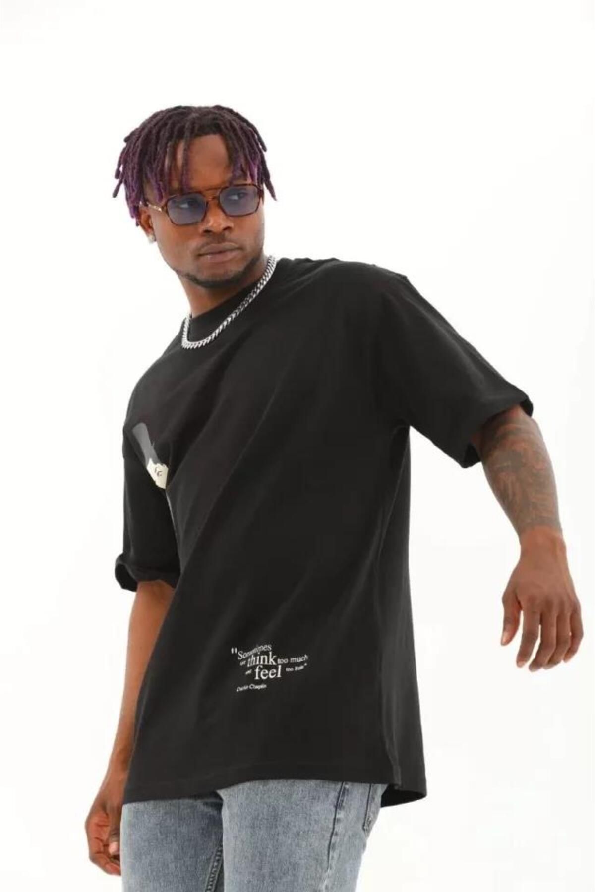 modamtn Unisex Oversize Baskılı Bisiklet Yaka T-Shirt - Siyah