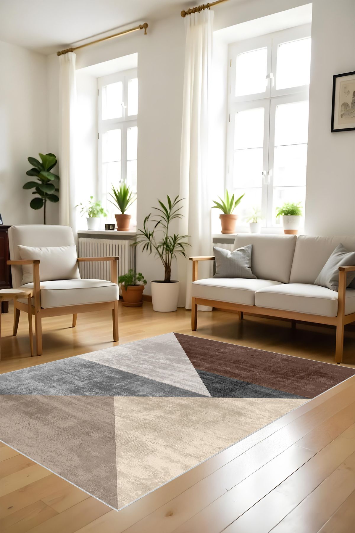 Liriya Dijital Baskılı Prizma Geometrik Desen Dekoratif Makinada Yıkanabilir Salon Halısı Yolluk Halısı