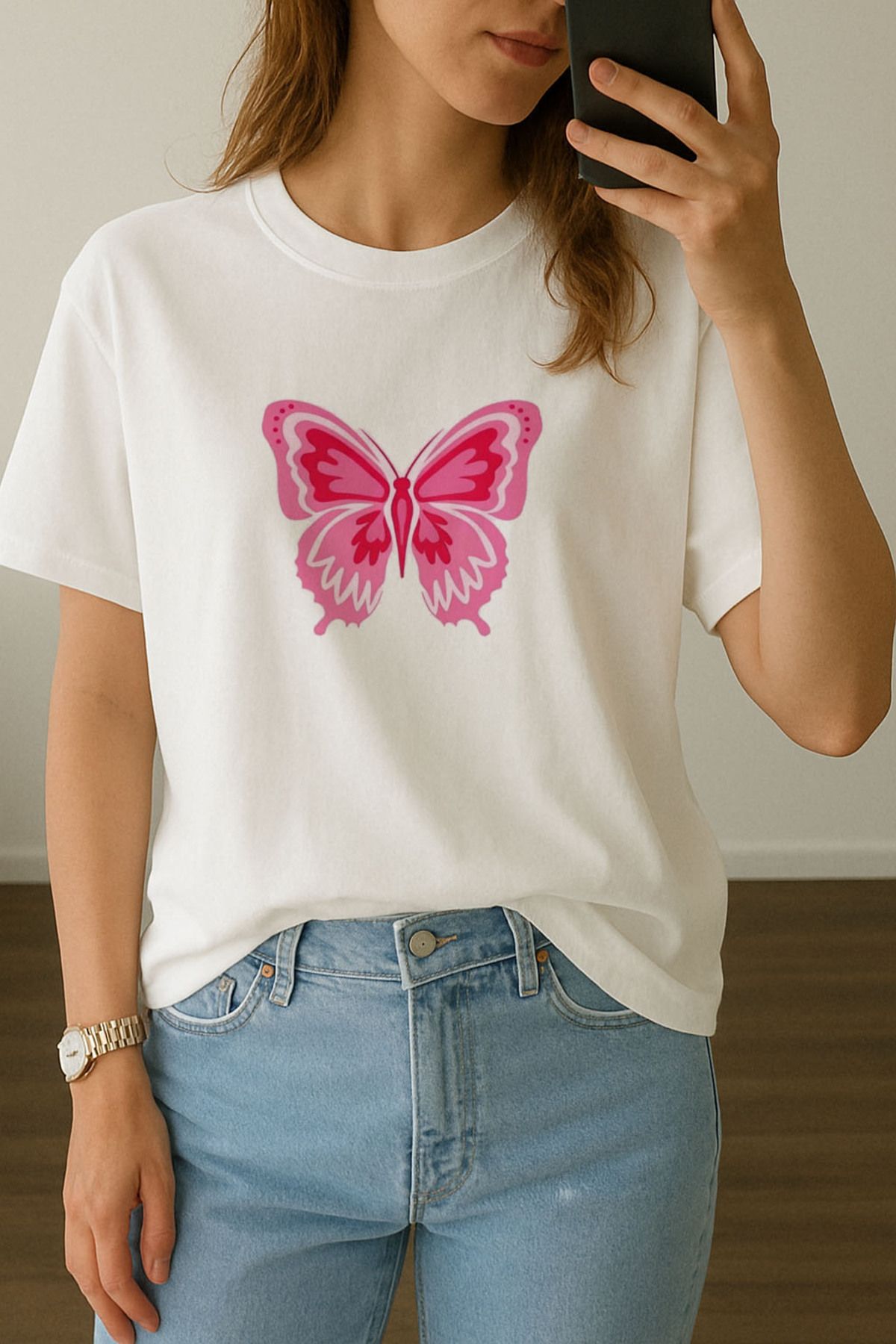 sielta Kadın Pembe Kelebek Baskılı Bisiklet Yaka Oversize Beyaz Tişört T-shirt