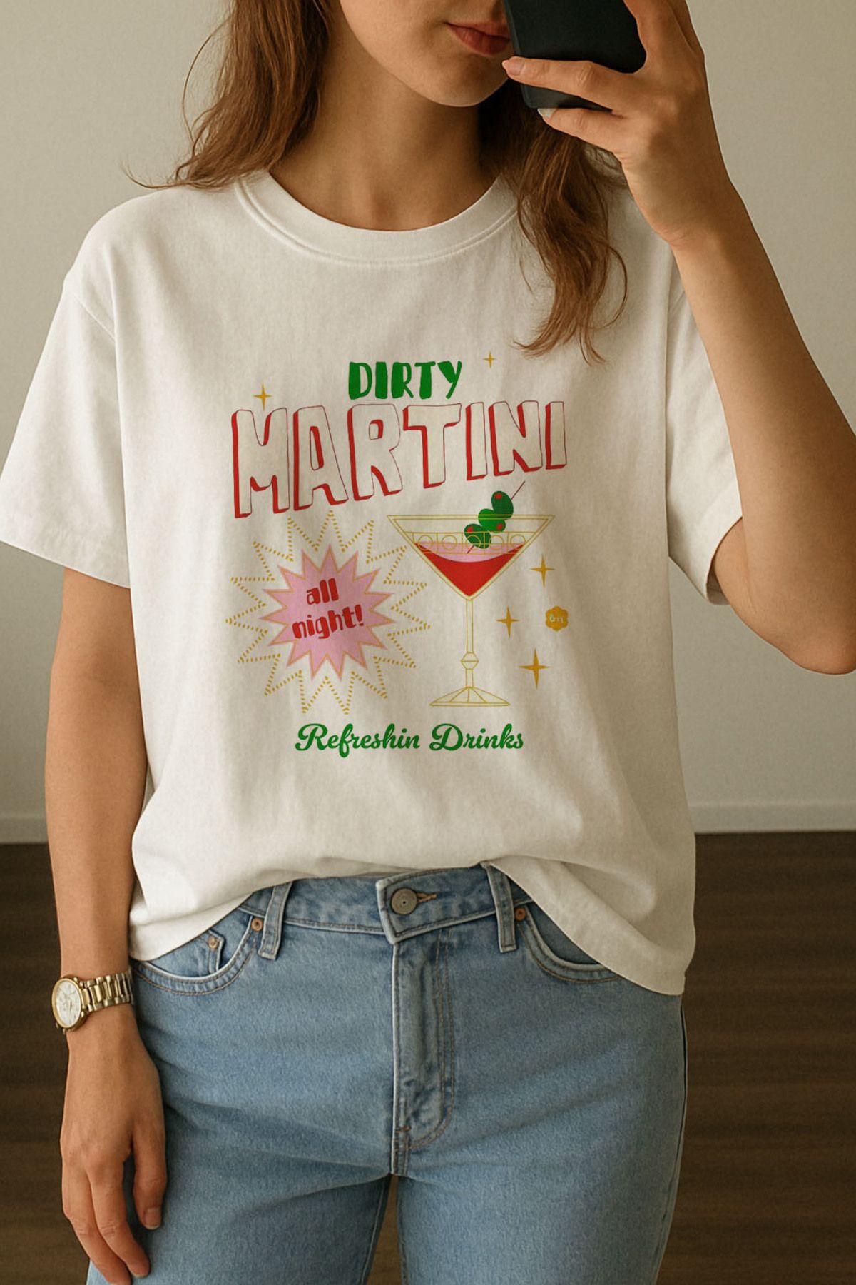 sielta Kadın Martini Baskılı Bisiklet Yaka Oversize Beyaz Tişört T-shirt