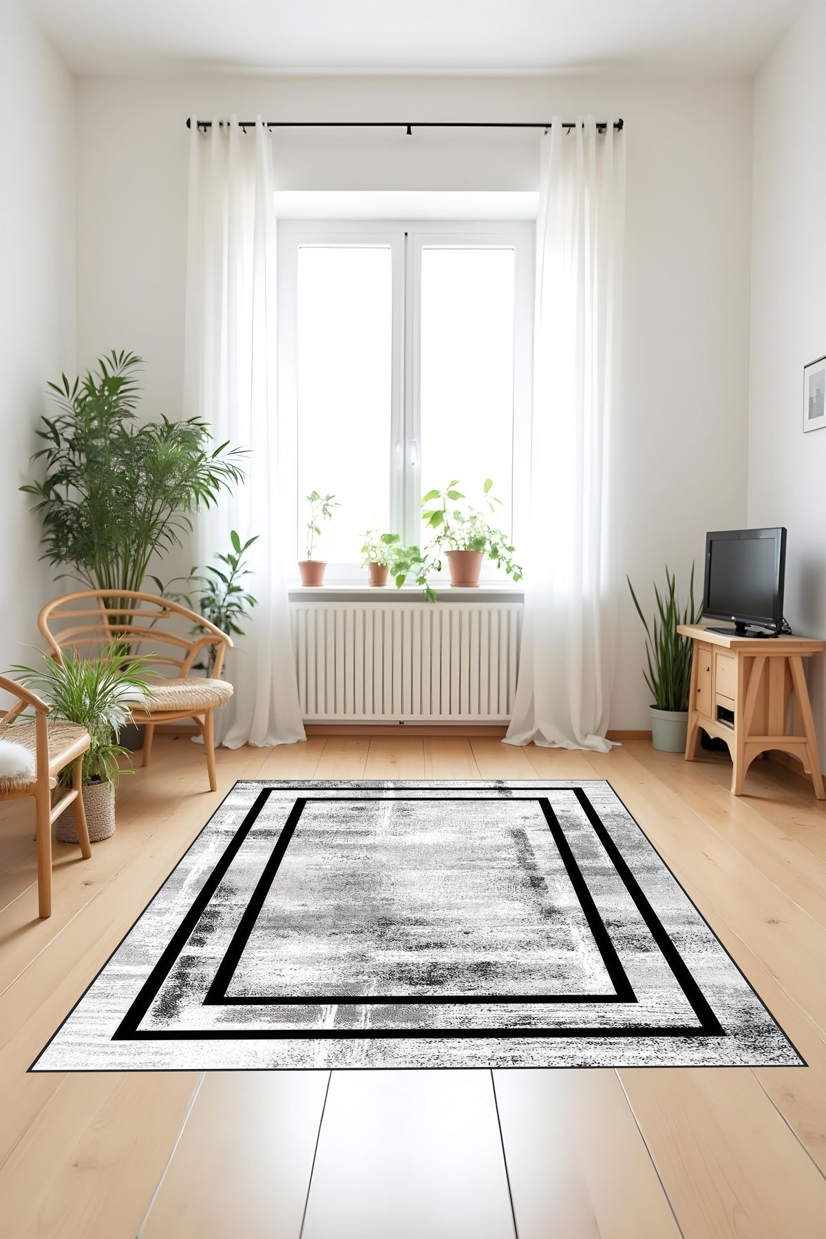 Liriya Dijital Baskı Siyah Çerçeveli Modern Dekoratif Makinada Yıkanabilir Salon Halısı Yolluk Halısı
