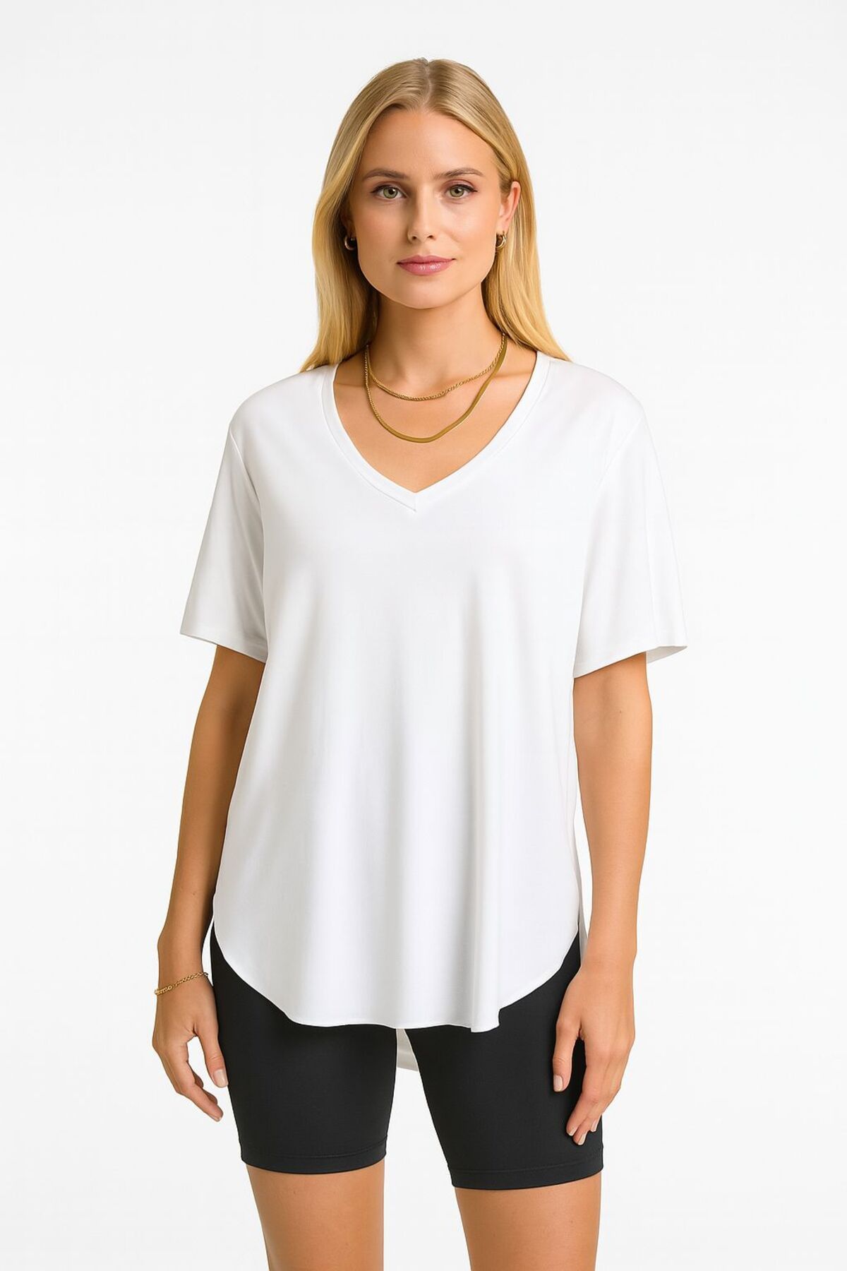 VibeGaia Unisex Modal Kumaş V Yaka Kesik Kol Salaş Fit Basic Tişört