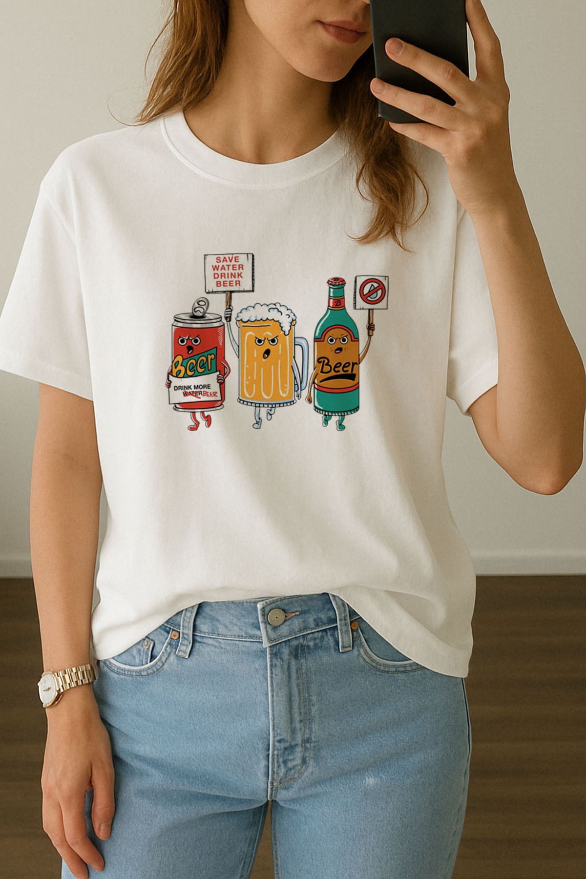 sielta Kadın Bira Beer Baskılı Bisiklet Yaka Oversize Beyaz Tişört T-shirt