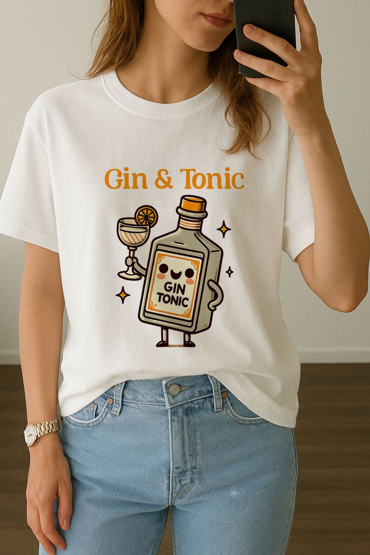 sielta Kadın Cin Tonic Alkol Baskılı Bisiklet Yaka Oversize Beyaz Tişört T-shirt
