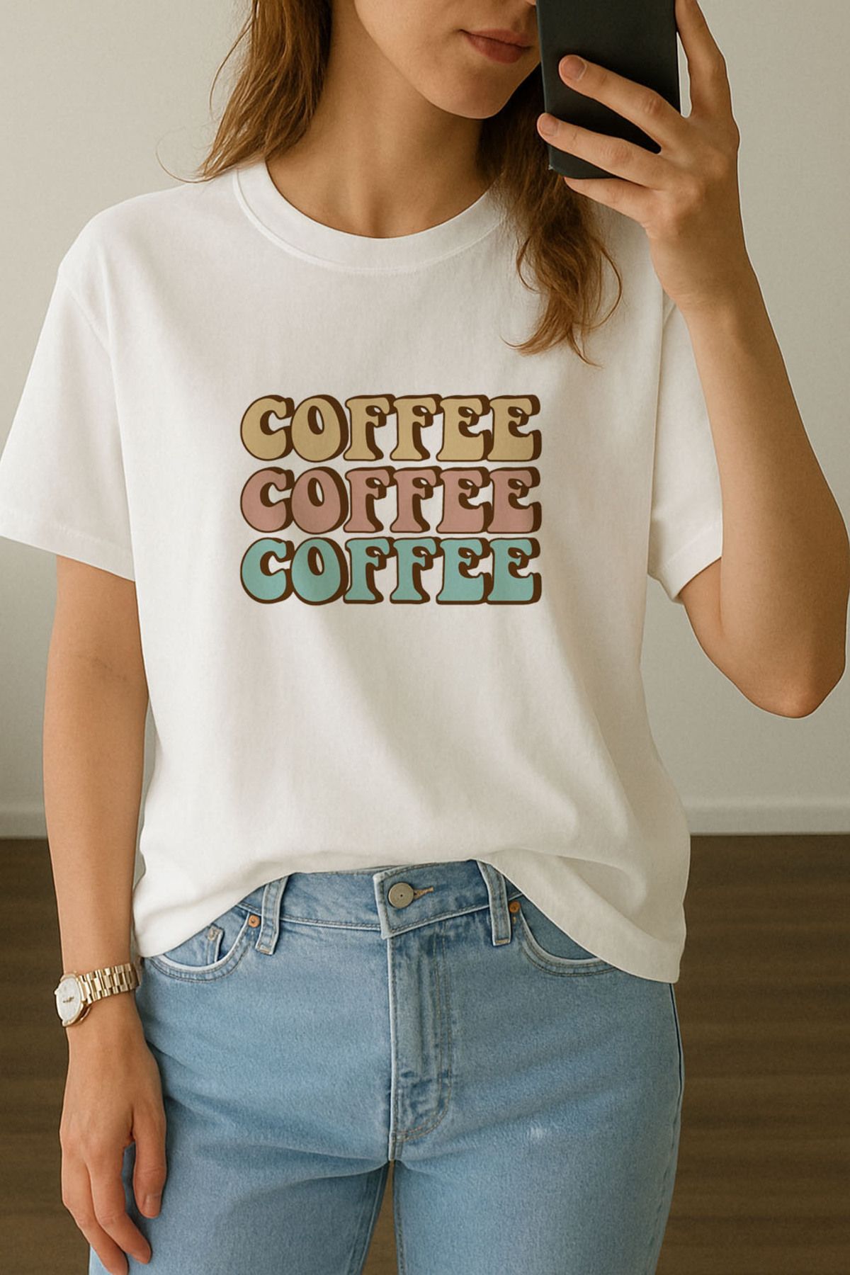 sielta Kadın Coffee Kahve Yazılı Baskılı Bisiklet Yaka Oversize Beyaz Tişört T-shirt