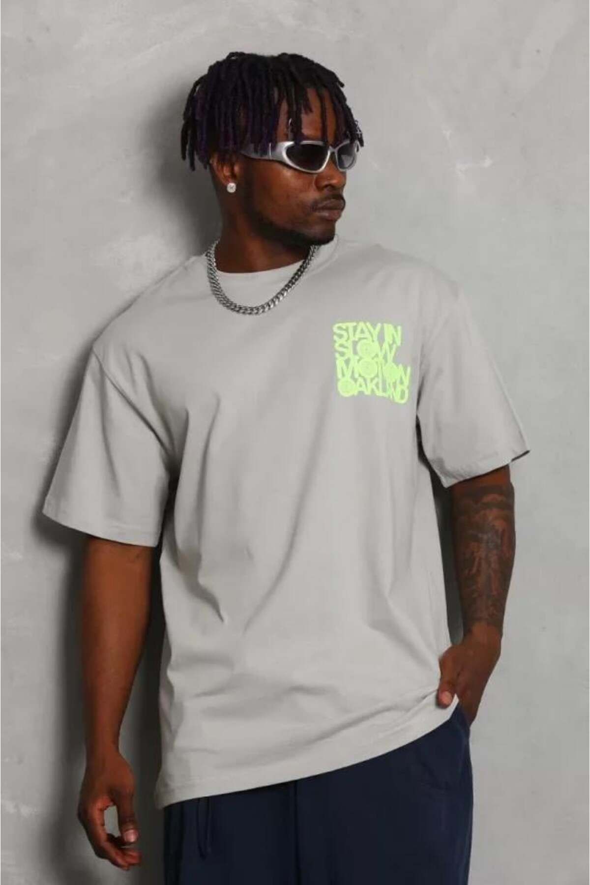 modamtn Unisex Oversize Baskılı Bisiklet Yaka T-Shirt - Gri