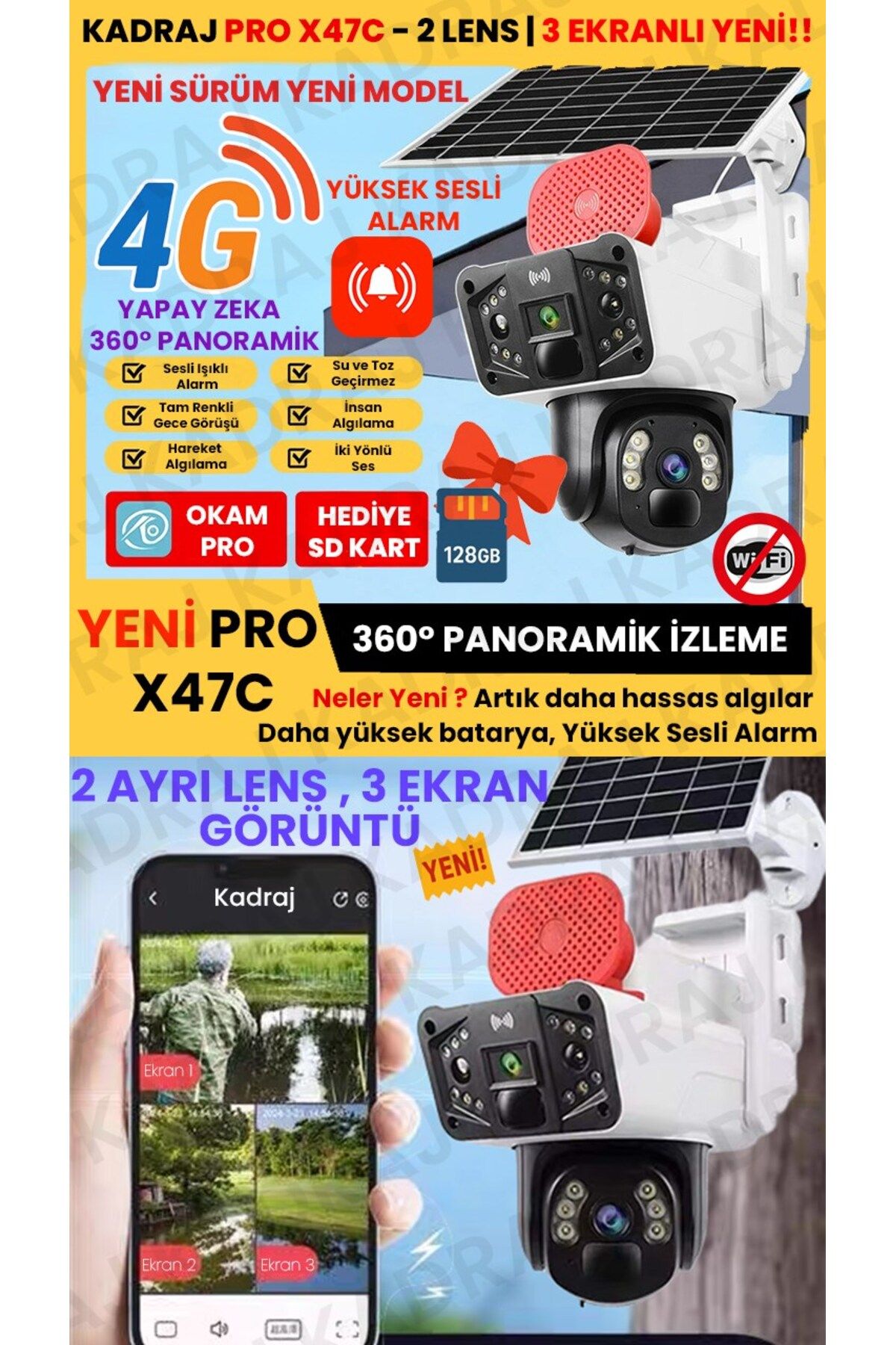 Kadraj Sim Kartlı Güvenlik Kamerası, Solar Panelli Kamera, 4G X47C PRO 3 EKRANLI Güvenlik Kameras