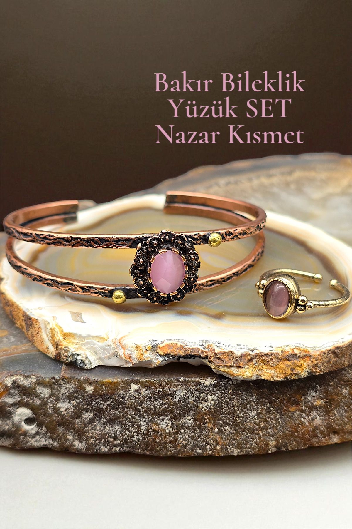 NBS Beautiful Naturel Stones Bakır Saf Bileklik Pembe ( Yüzük Hediyeli ) Ayarlanabilir Özel Tasarım Çok Kaliteli ( Hediye, Günlük