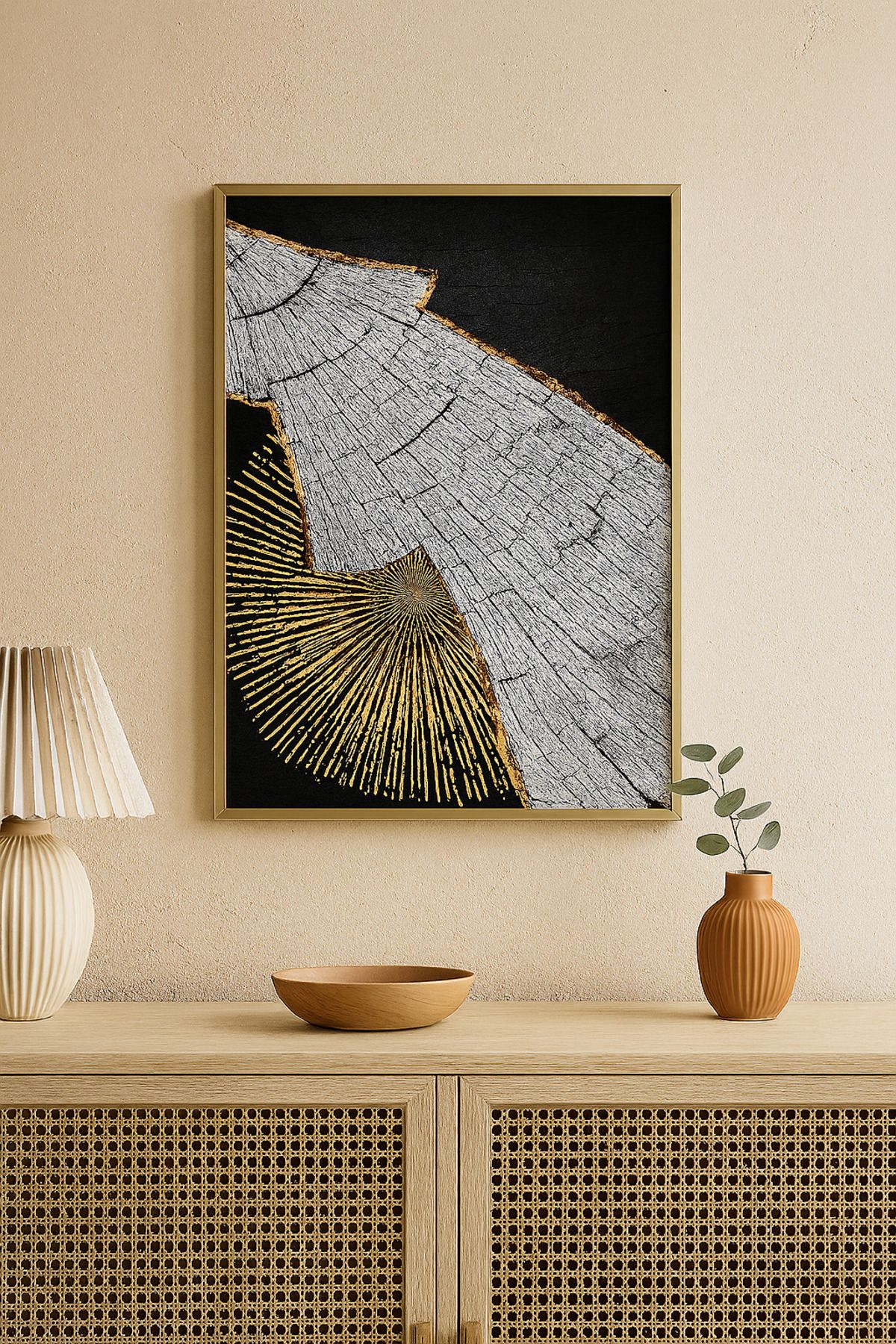 seninürünün Altın Kökler - Gerçek Cama Baskı Gold Alüminyum Metal Çerçeveli Tekli Modern Tablo
