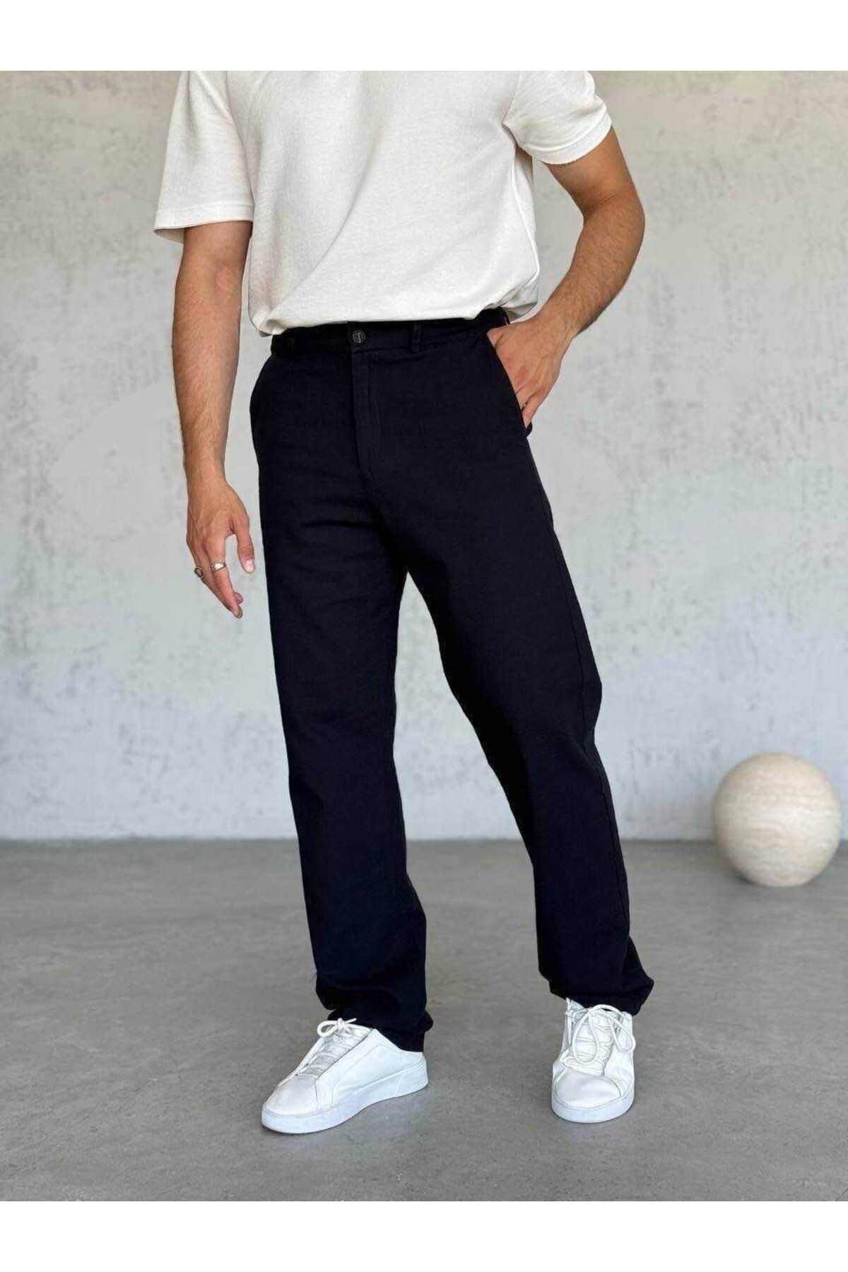 MODA SİYAH PAMUK KETEN FERMUARLI KEMER DETAYLI PANTOLON