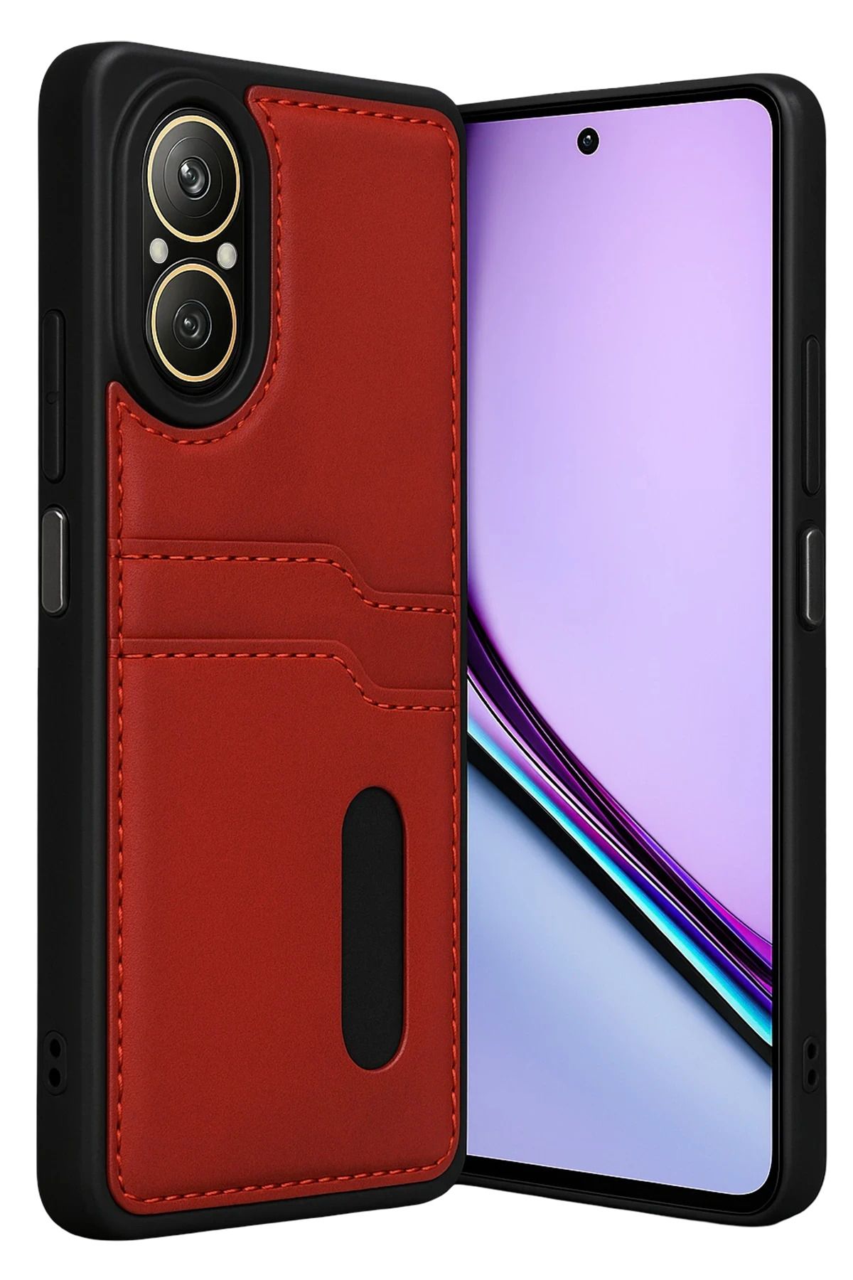 cepmoda Realme 12 LiTE | SARA Kartlıklı Telefon Kılıfı Lüx Deri Kaplama Arka Kapak | KIRMIZI
