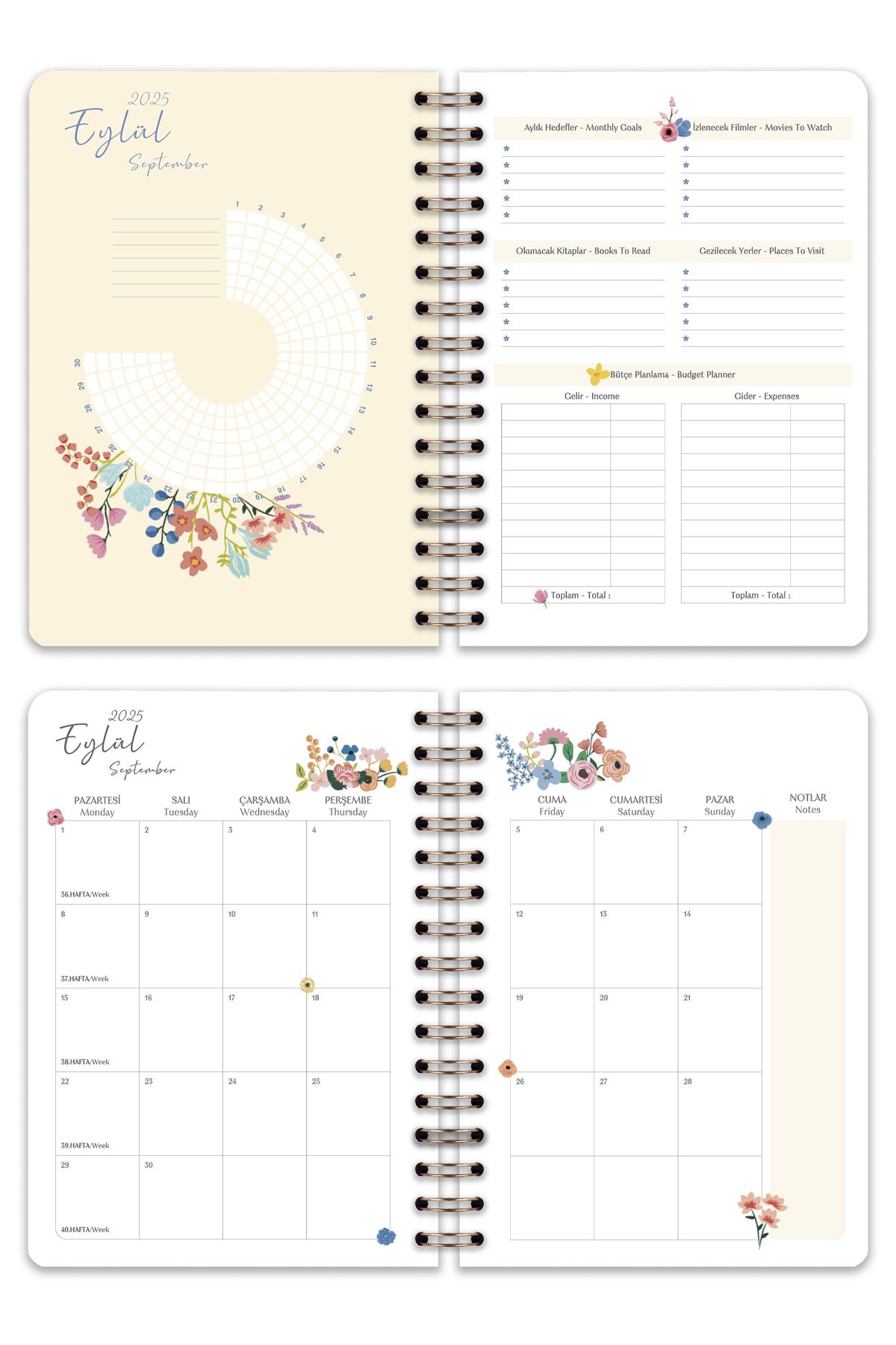 Matt Notebook-Agenda academică A5 2025-2026 Spiralată 15x21 cm -13 luni - Flori negre 7