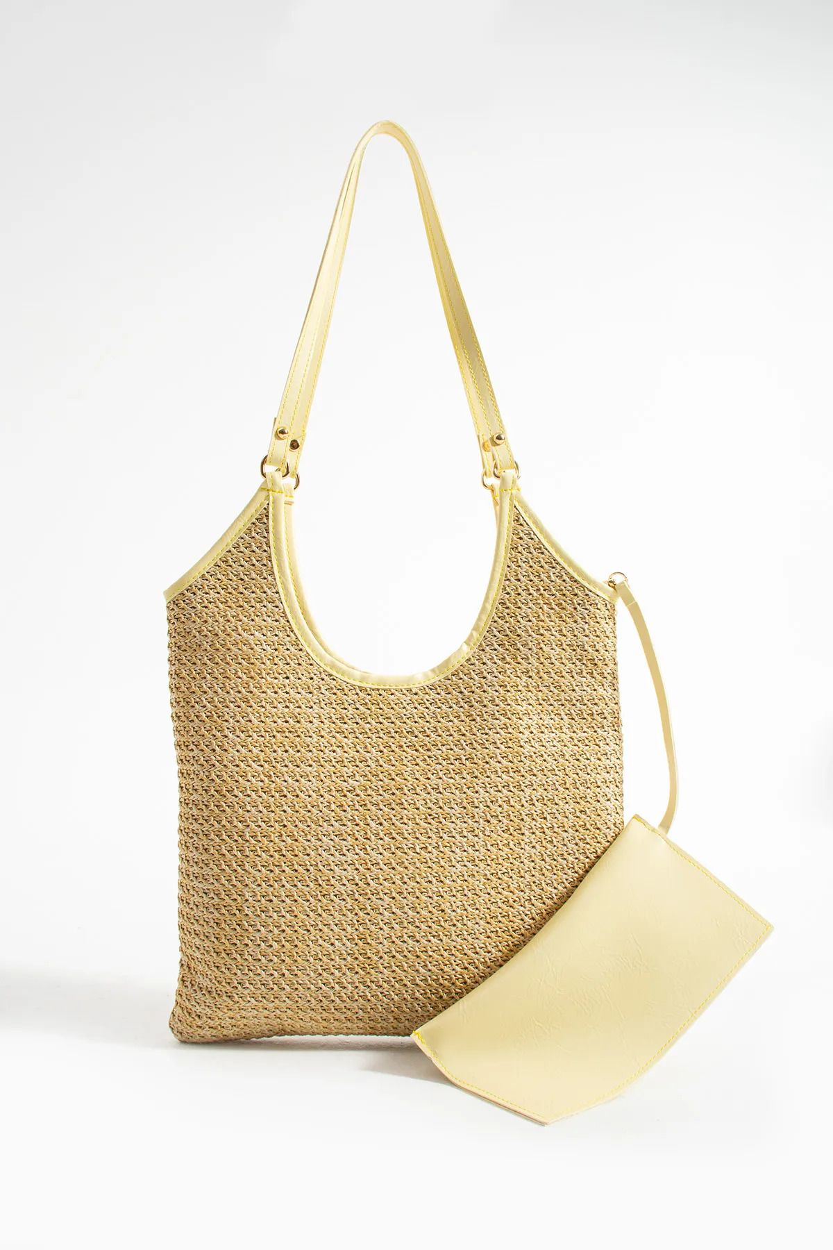 BK Bags & Accessories Hasır Omuz Çanta & Deri Detaylı Mini Cüzdanlı Yazlık Model