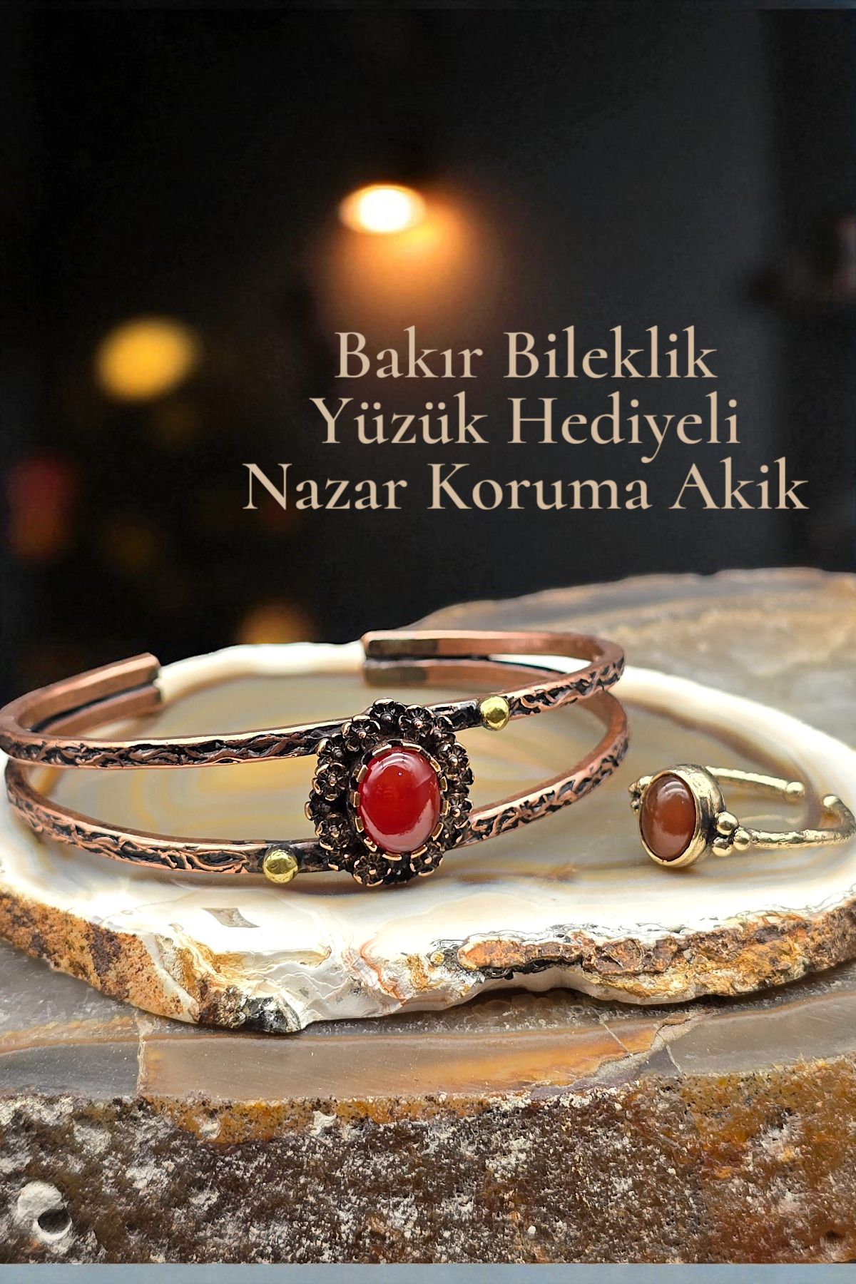 NBS Beautiful Naturel Stones Bakır Saf Bileklik Akik ( Yüzük Hediyeli ) Ayarlanabilir Özel Tasarım Çok Kaliteli (Hediye, Günlük
