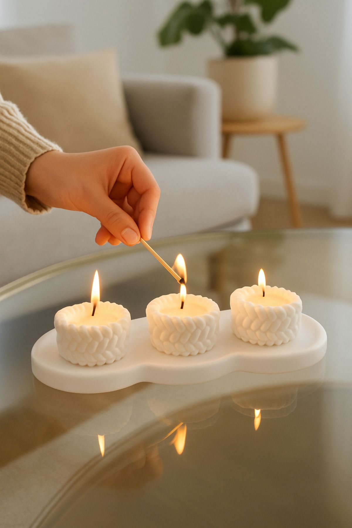 LUMİNA Tabaklı Beton Mumluk Ve Örgü Desenli Tealight Mumluk Hediyelik Dekorasyon Seti