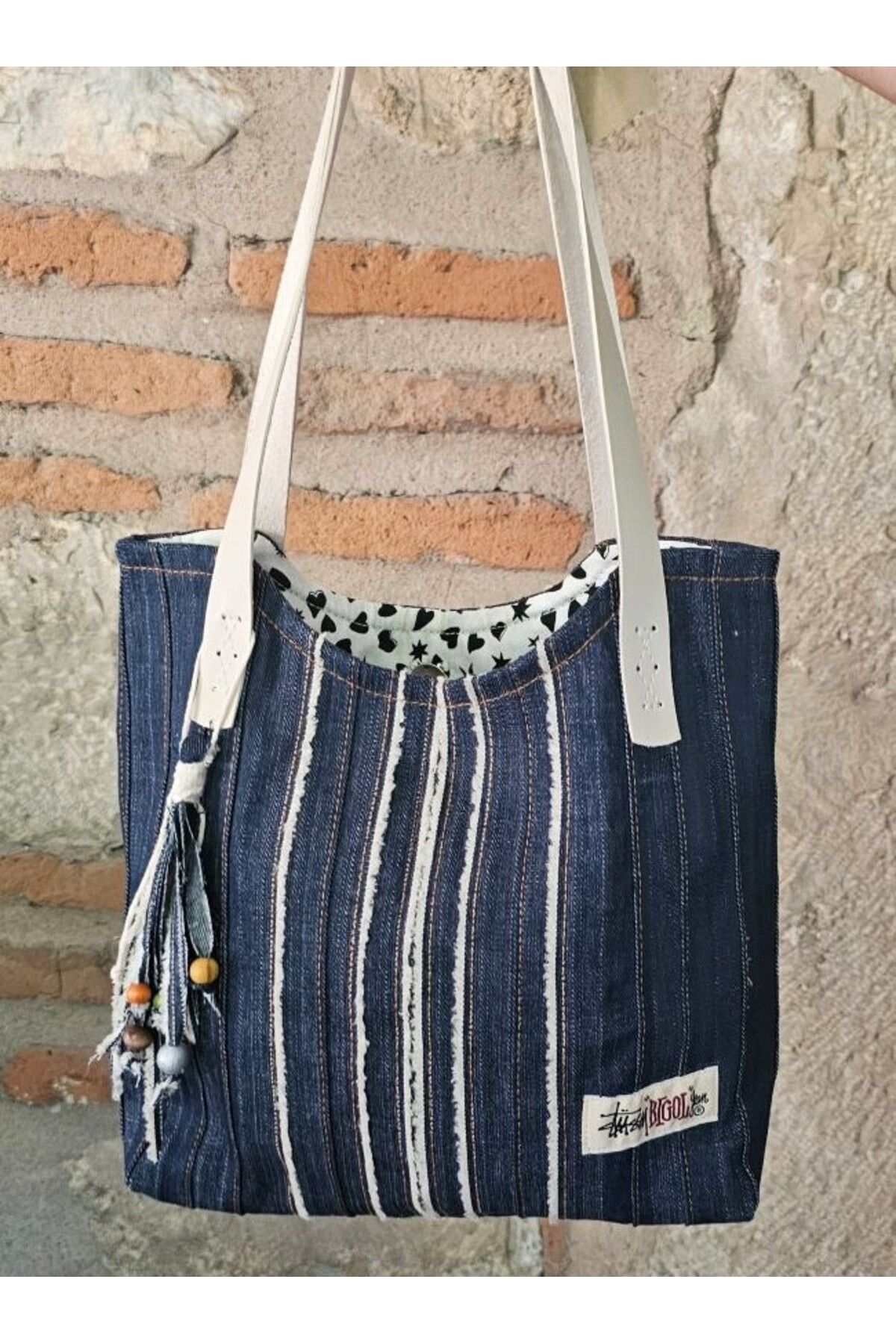 HİLALAKSESUAR10 Püskül Detaylı Lacivert renk Denim Tasarım Çanta