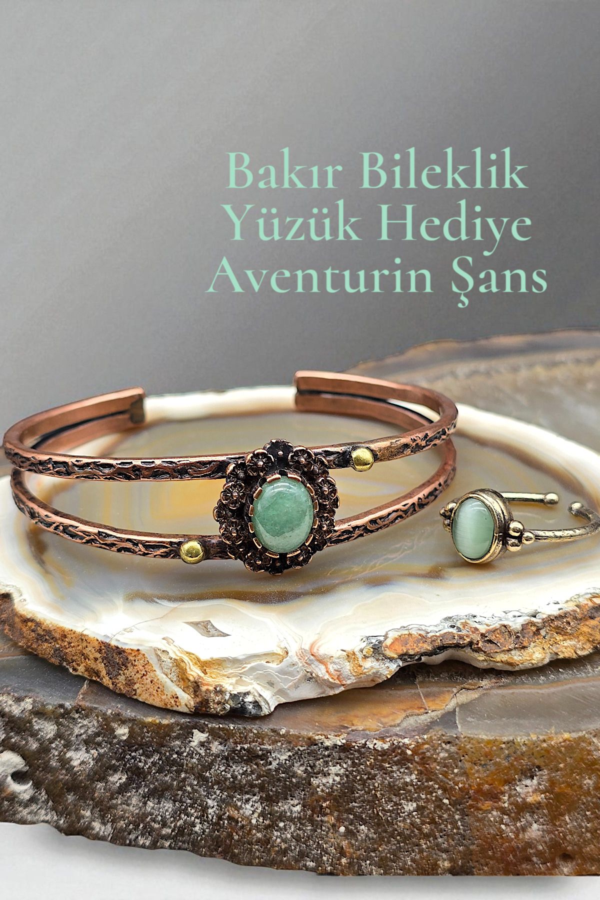 NBS Beautiful Naturel Stones Bakır Saf Bileklik Aventurin ( Yüzük Hediyeli ) Ayarlanabilir Özel Tasarım Çok Kaliteli
