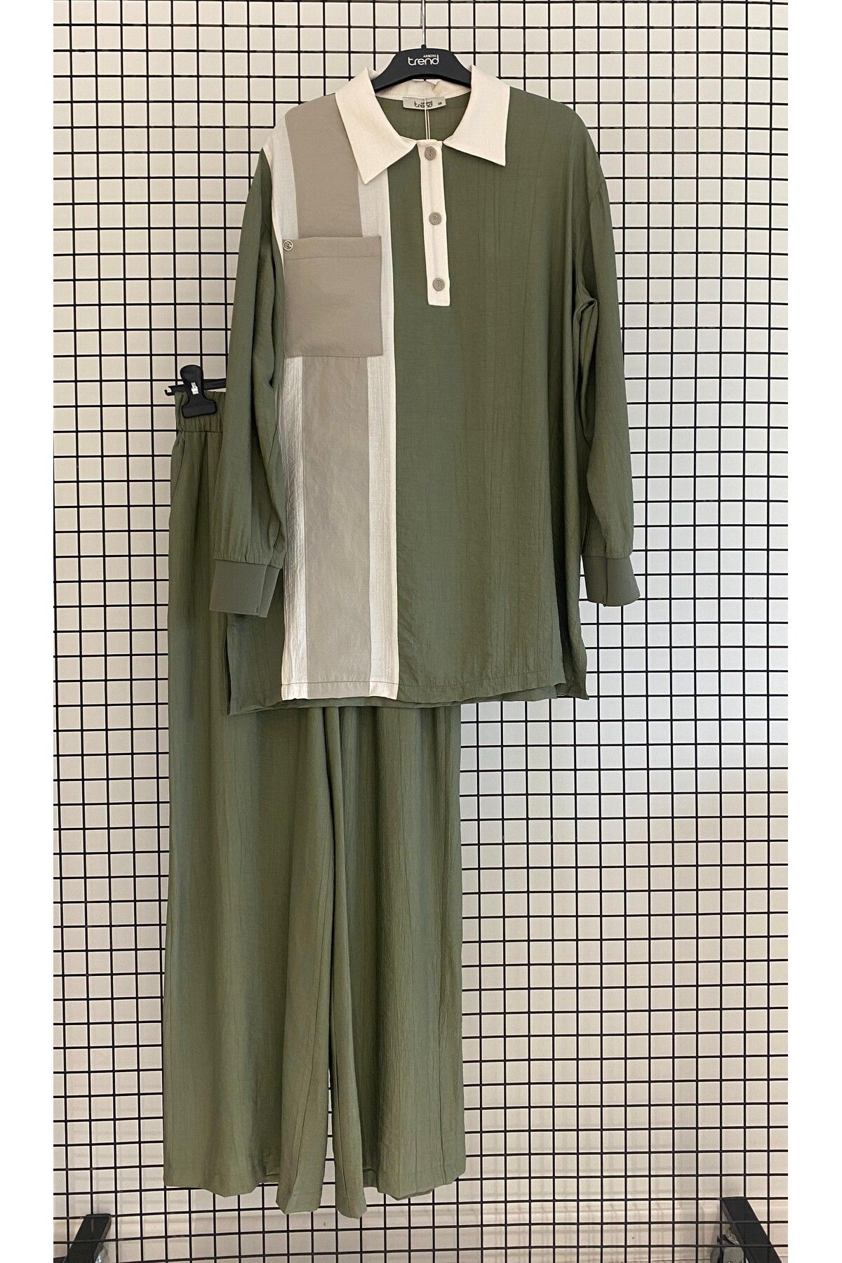 Armine Trend Gömlek Yaka Çilek Kumaş Yazlık Pantolon'lu Takım