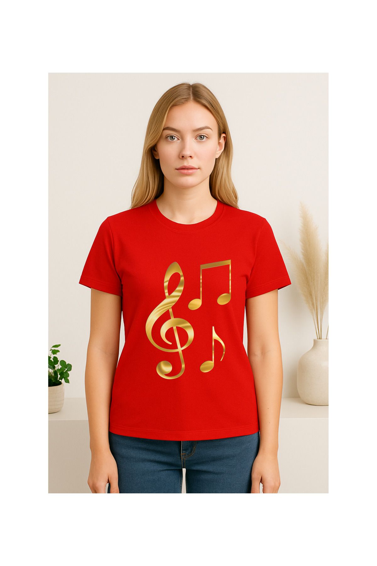 MODA Kısa Kollu, Regular Kalıp, Nota Desenli (Gold Renk), Kadın Tshirt
