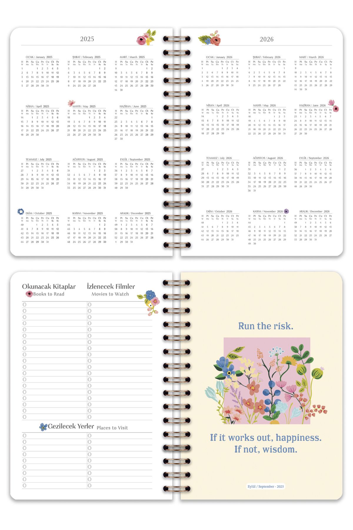 Matt Notebook-Agenda academică A5 2025-2026 Spiralată 15x21 cm -13 luni - Flori negre 6