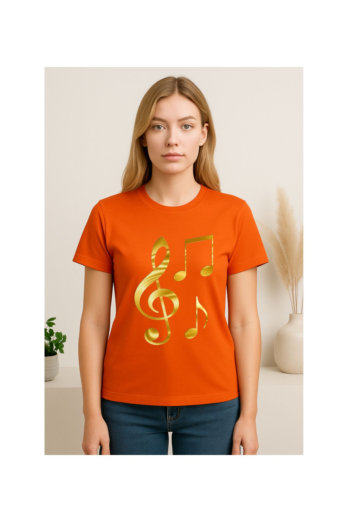 MODA Kısa Kollu, Regular Kalıp, Nota Desenli (Gold Renk), Kadın Tshirt