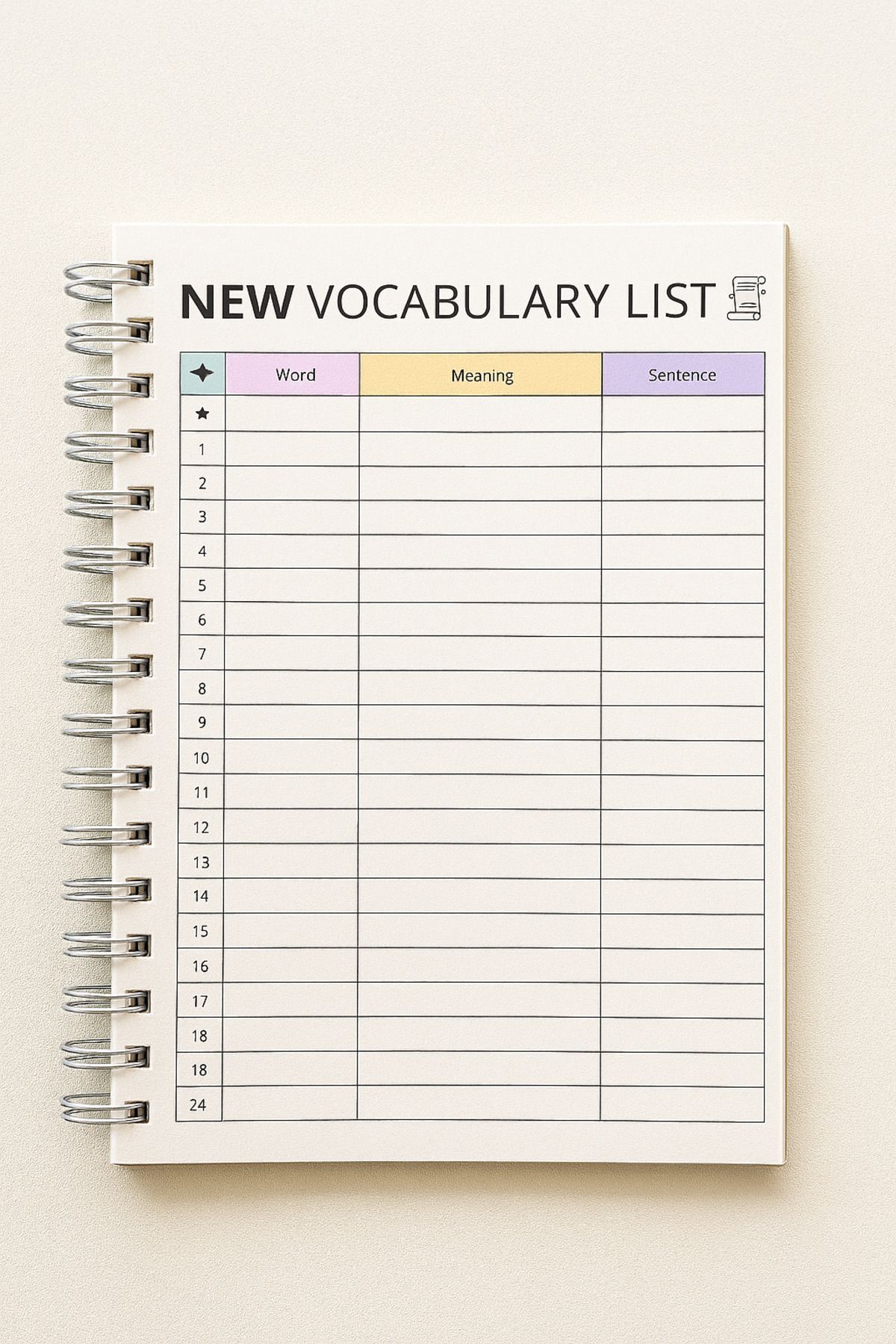 Atölye Prana Vocabulary List – A5 Spiral Ciltli İngilizce Kelime Ezber Defteri (15 Sayfa)