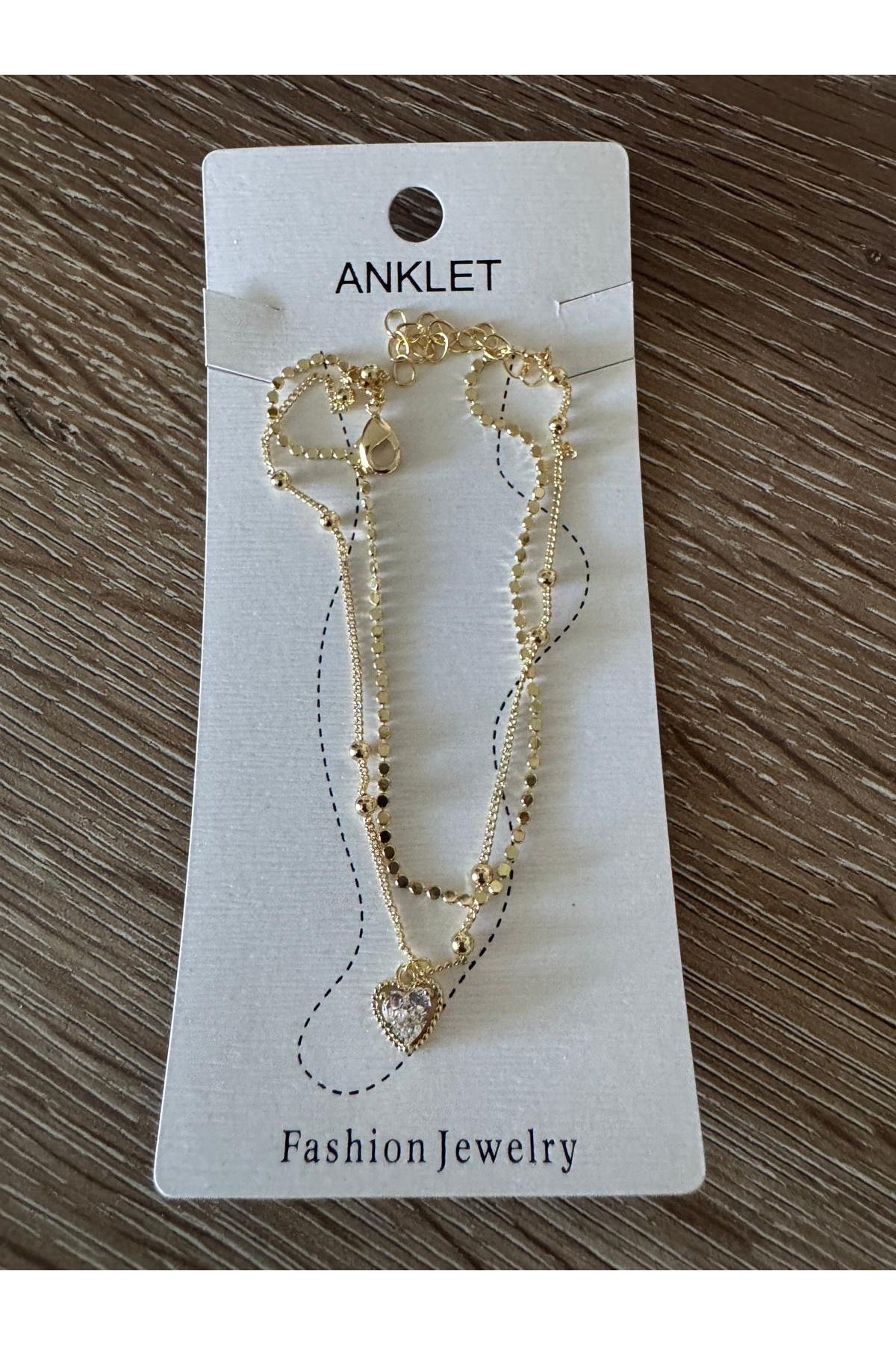 misstakıjewerly ÇELİK GOLD RENK İKİLİ EZME ZİNCİRLİ DORİKALI KALP DETAYLI HALHAL