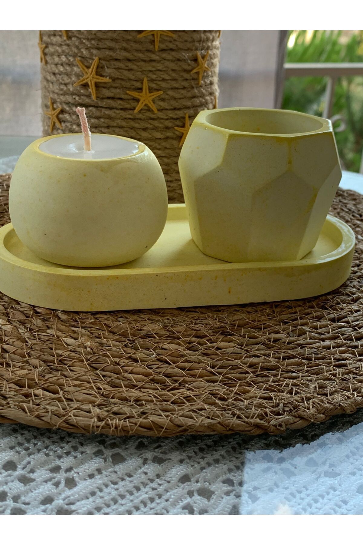 T M DESIGN HOUSE 3lü Sarı Özel Tasarım Mum ve Vazo Aksesuar