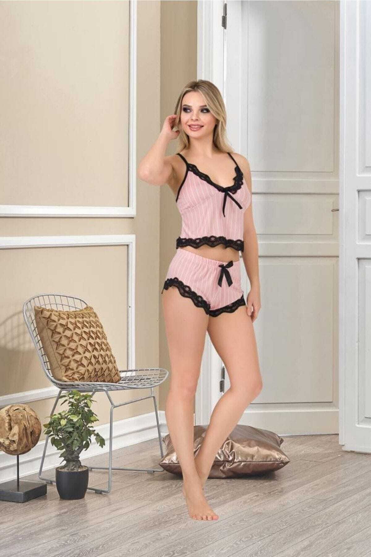Viselya Pembe Dantelli Şortlu Takım