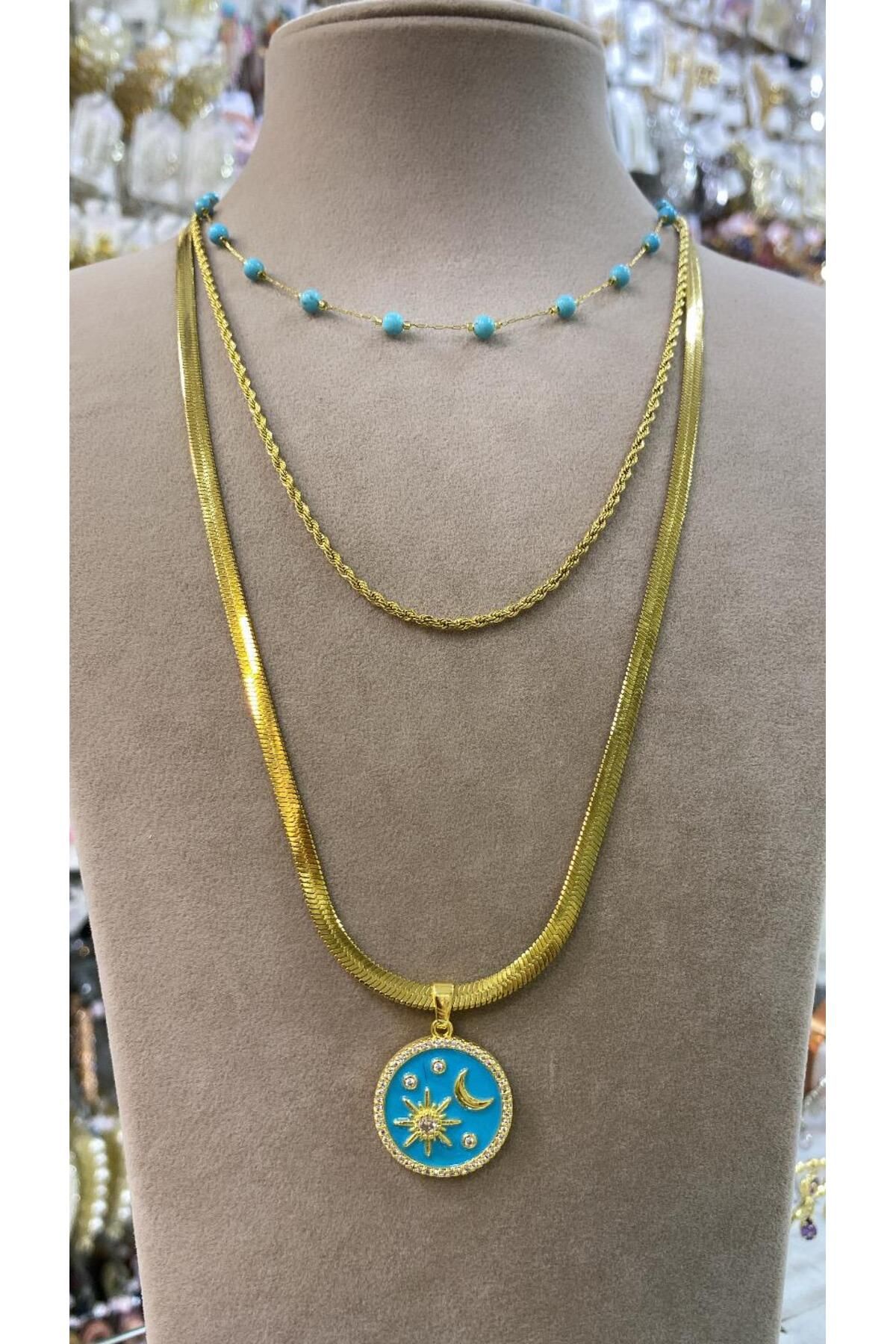 Azra Accessories Kadın Altın Renkli Çoklu Çelik Kolye