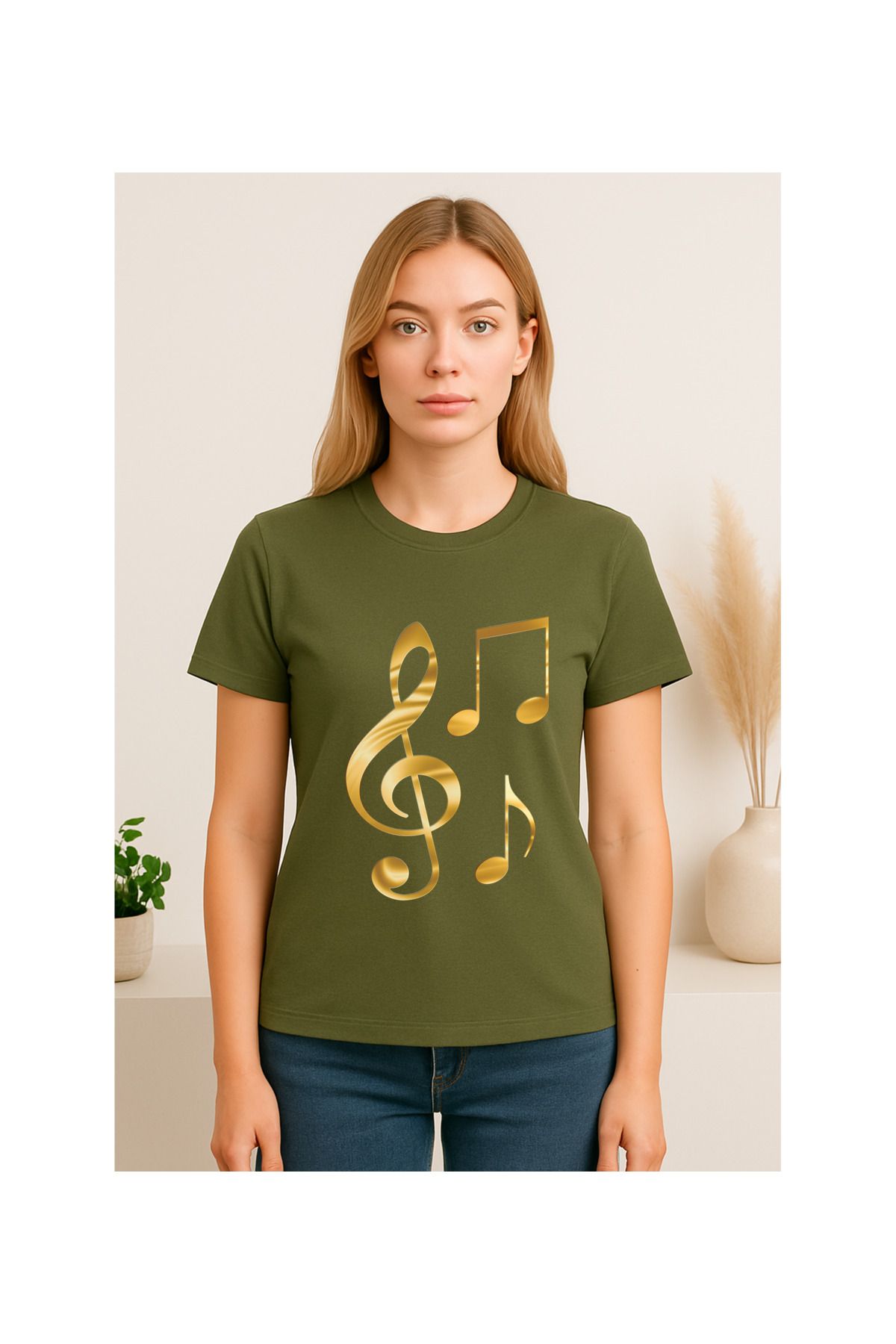 MODA Kısa Kollu, Regular Kalıp, Nota Desenli (Gold Renk), Karın Tshirt