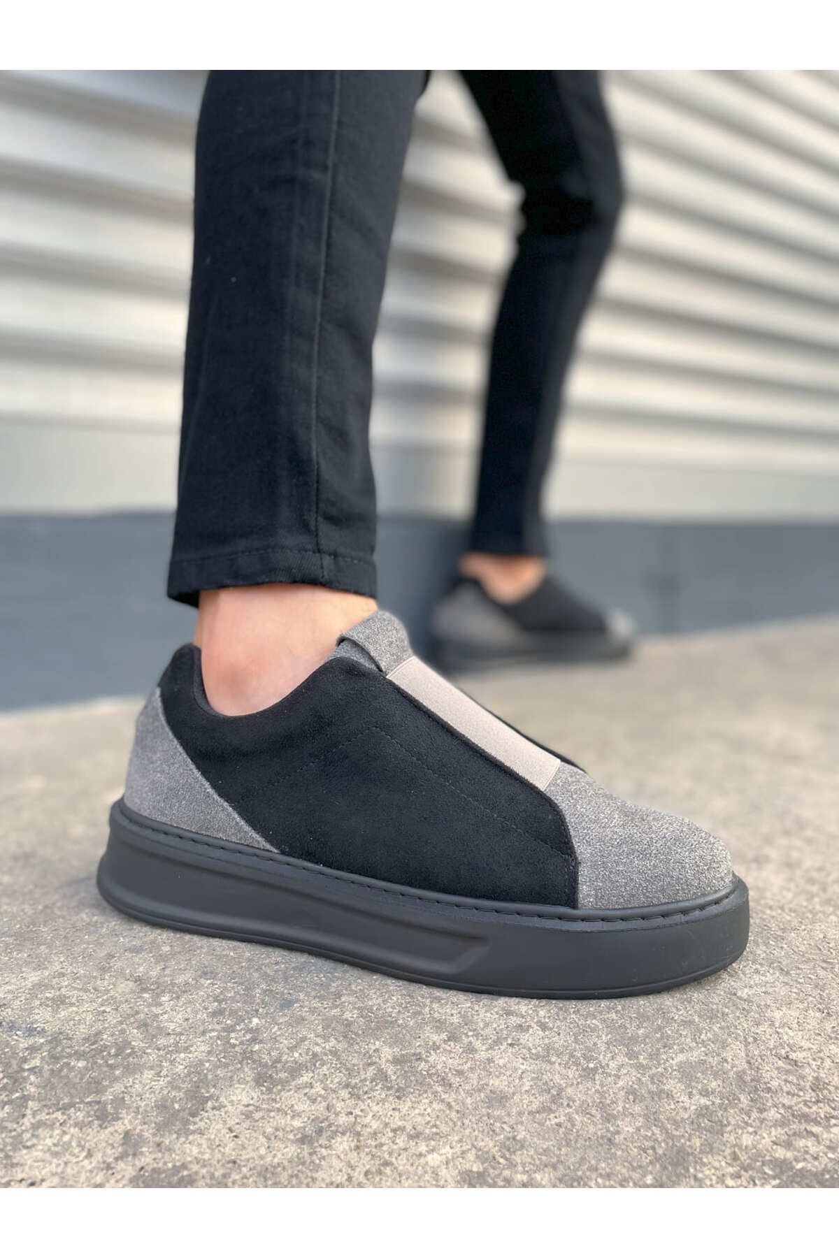 Joy Ayakkabı JY007 Alba Bağcıksız Süet Erkek Günlük Sneaker Ayakkabı SST Gri/Siyah