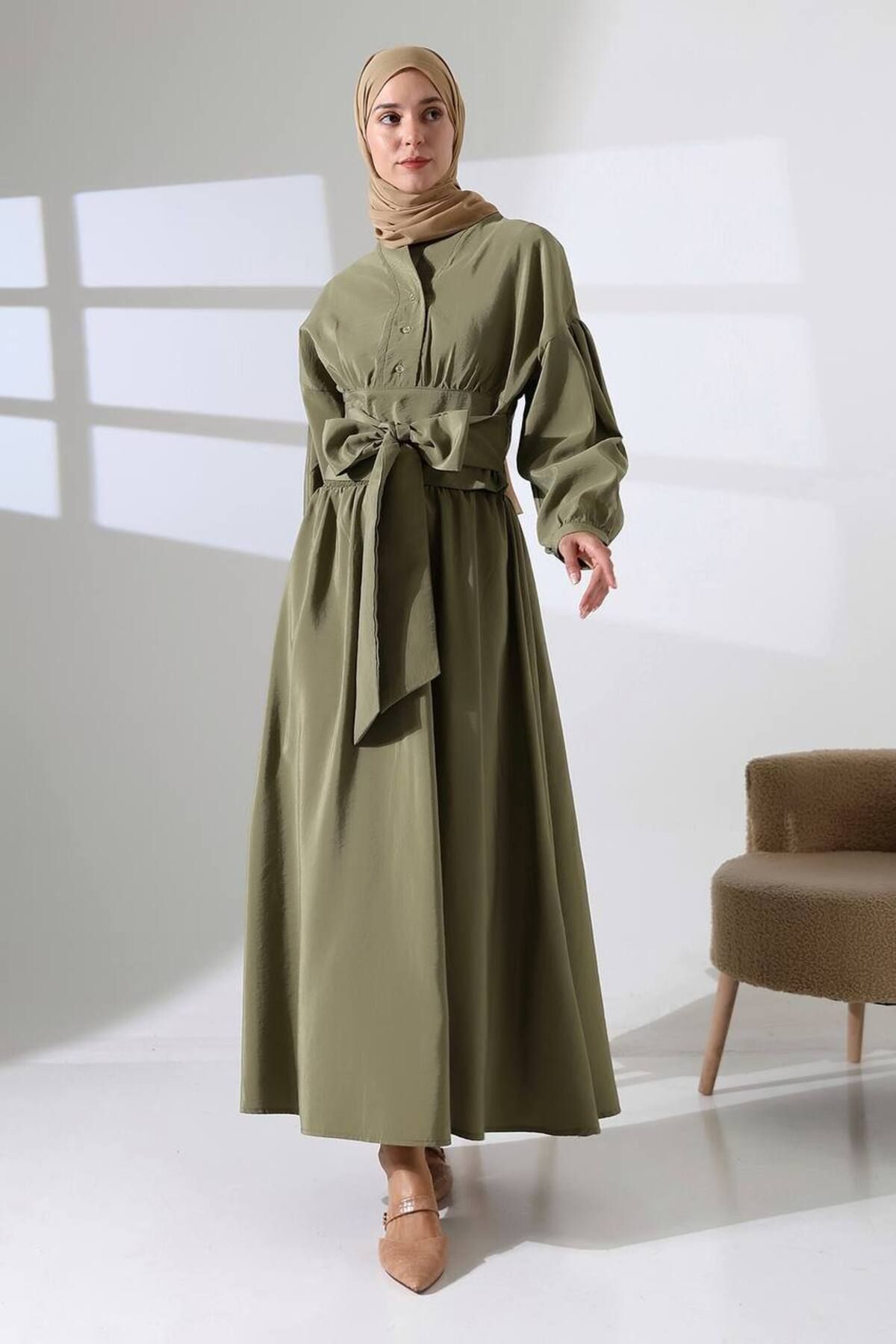 SETA FASHION Kuşaklı Hakim Yaka Salaş Elbise