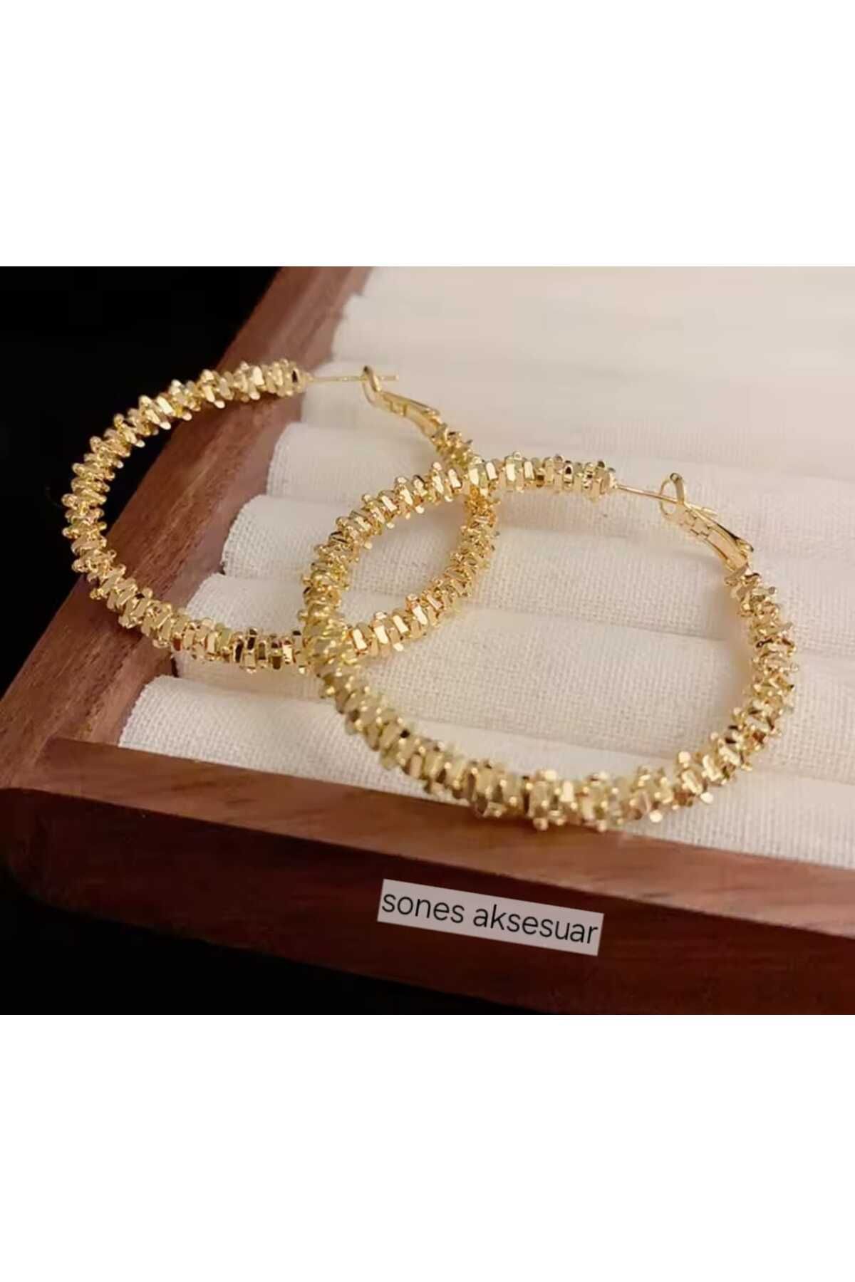 SONES Parlak Tırtıklı çelik gold halka küpe