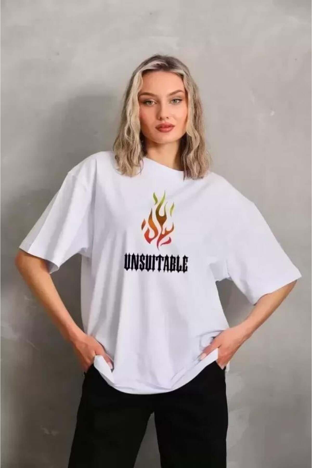 modamtn Unisex Bisiklet Yaka Baskılı Oversize T-Shirt - Beyaz