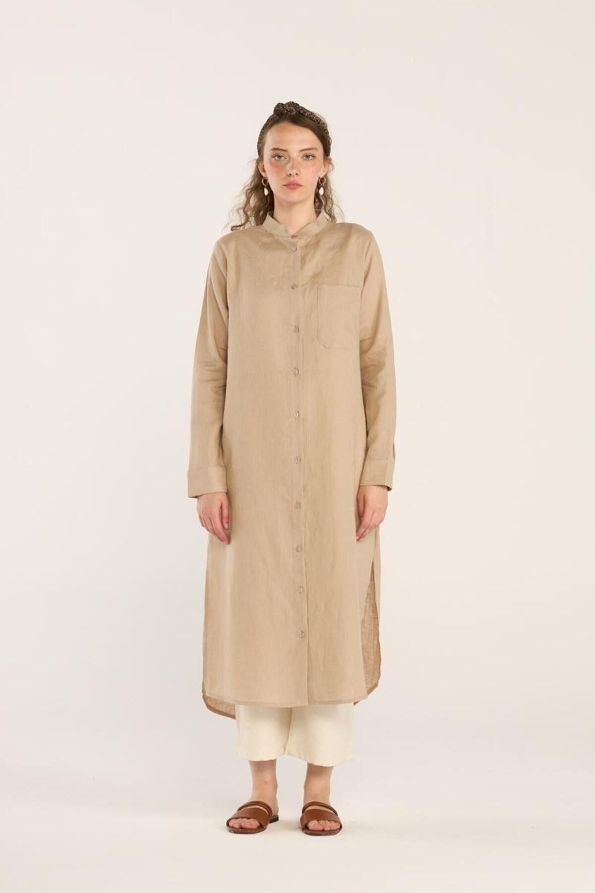 ALYOSHA FASHION Hakim Yaka %100 Keten Tunik Bej