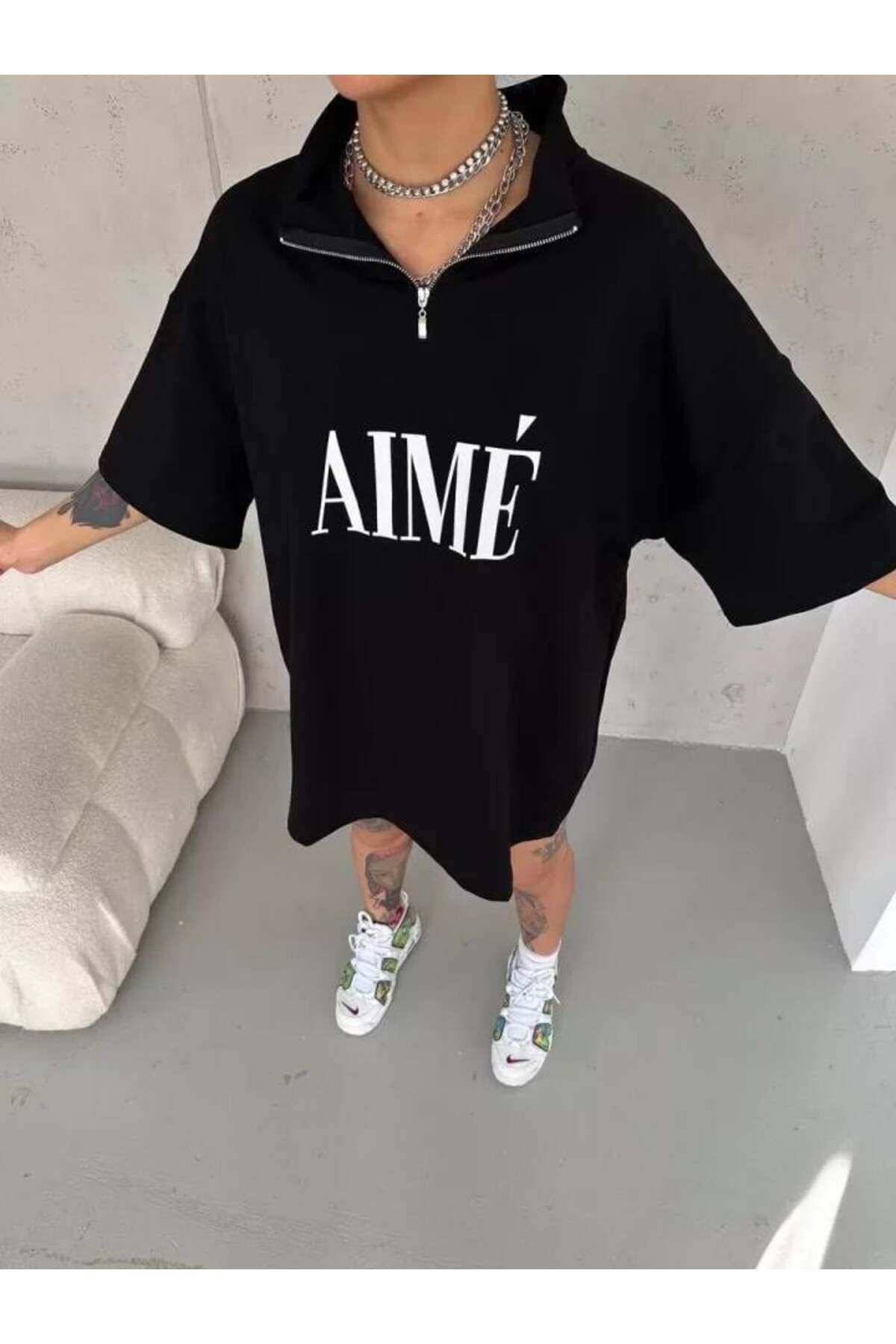 modamtn Unisex Yarım Fermuarlı Baskılı T-Shirt - Siyah