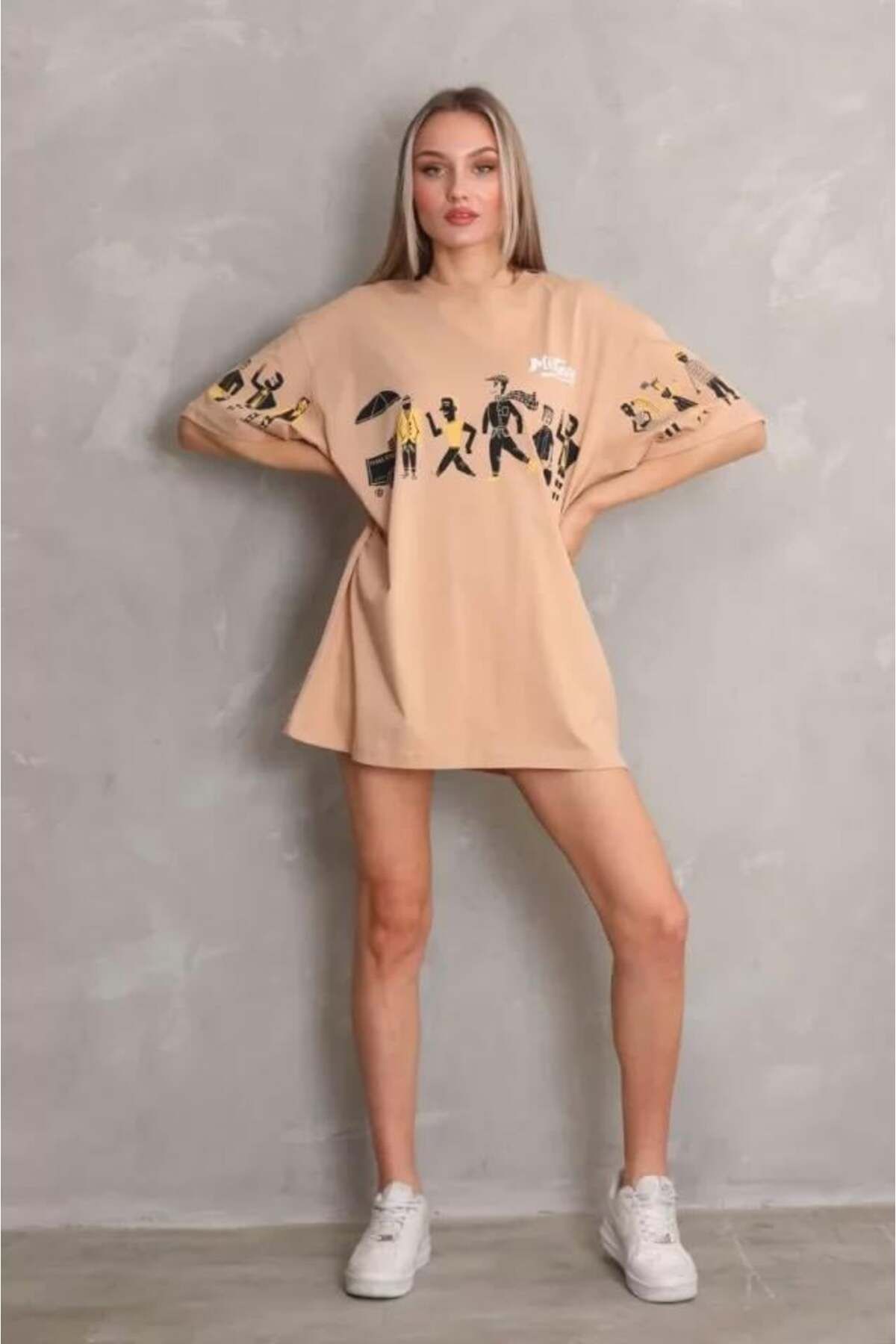 modamtn Unisex Bisiklet Yaka Baskılı Oversize T-Shirt - Bej
