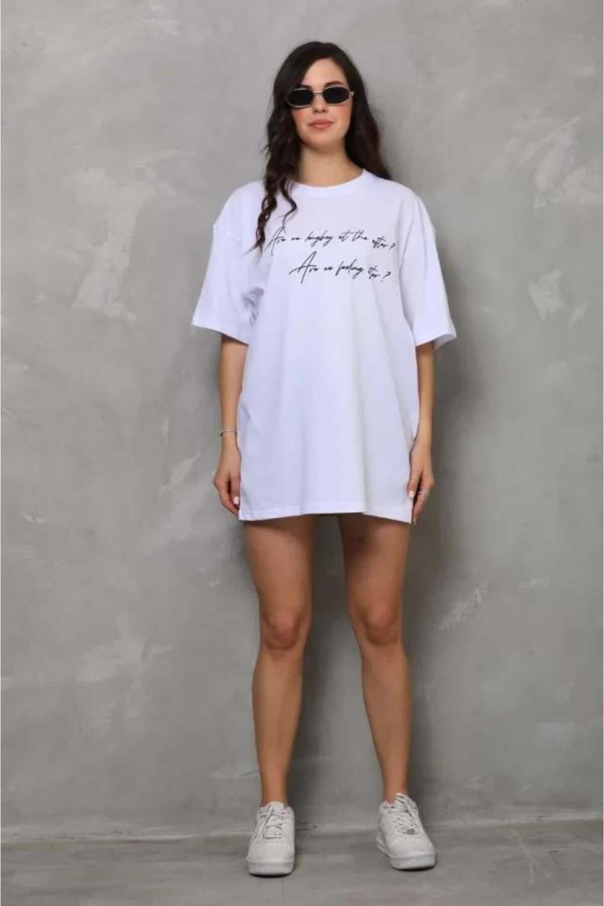 modamtn Unisex Bisiklet Yaka Baskılı Oversize T-Shirt - Beyaz