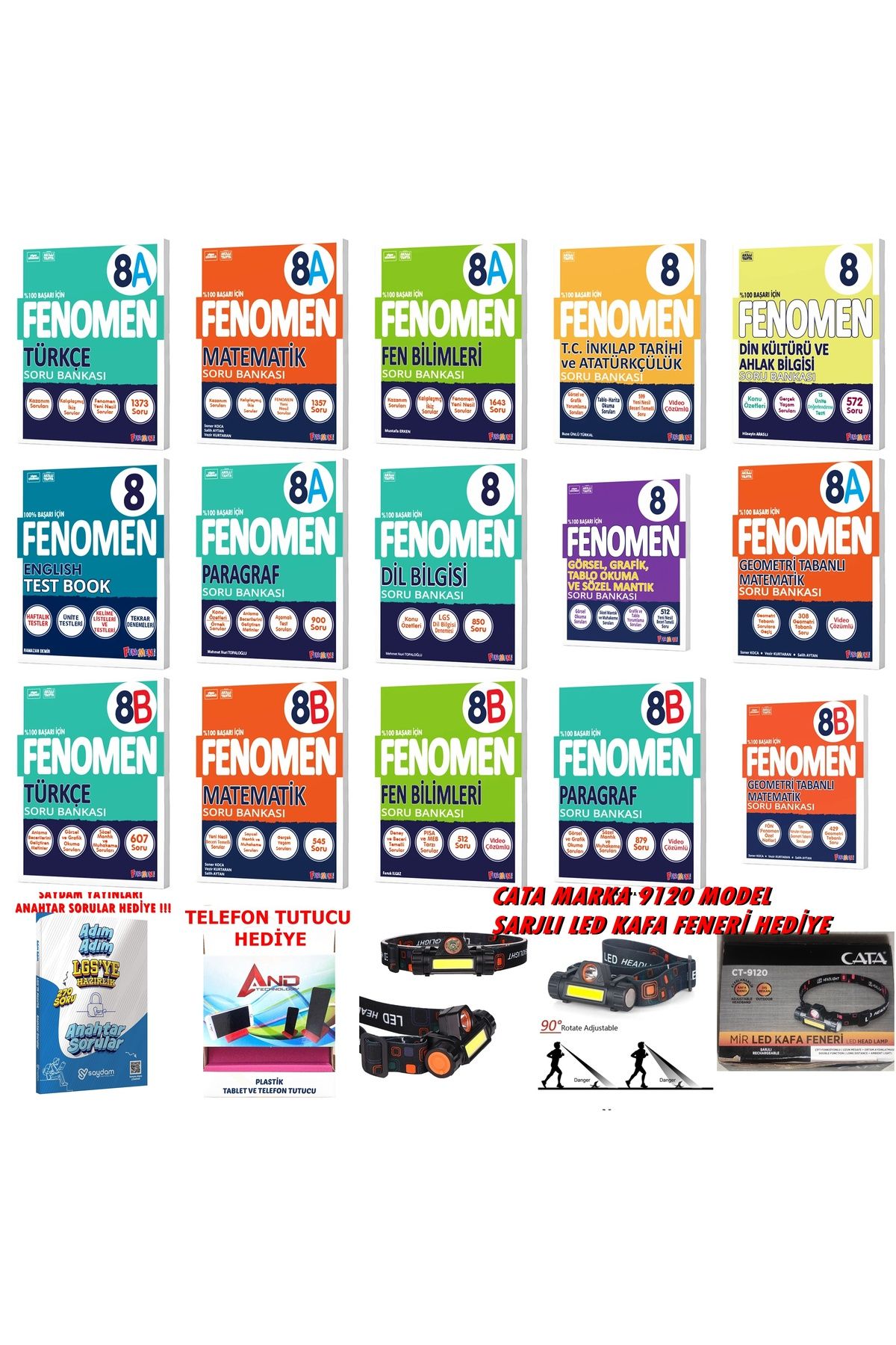 Fenomen Yayıncılık LGS 8.SINIF FENOMEN SORU BANKASI FULL SET VE 3LÜ HEDİYE (ANAHTAR SORULAR-KAFA FENERİ-TELOFON STANDI)