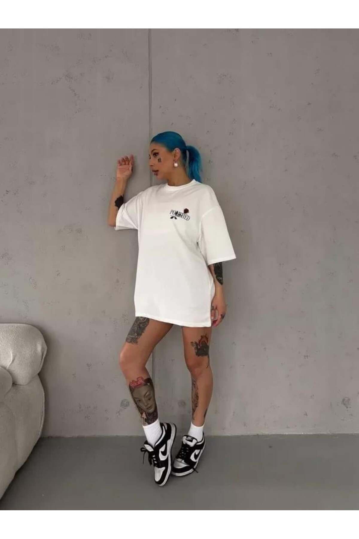 modamtn Unisex Bisiklet Yaka Baskılı Oversize T-Shirt - Beyaz