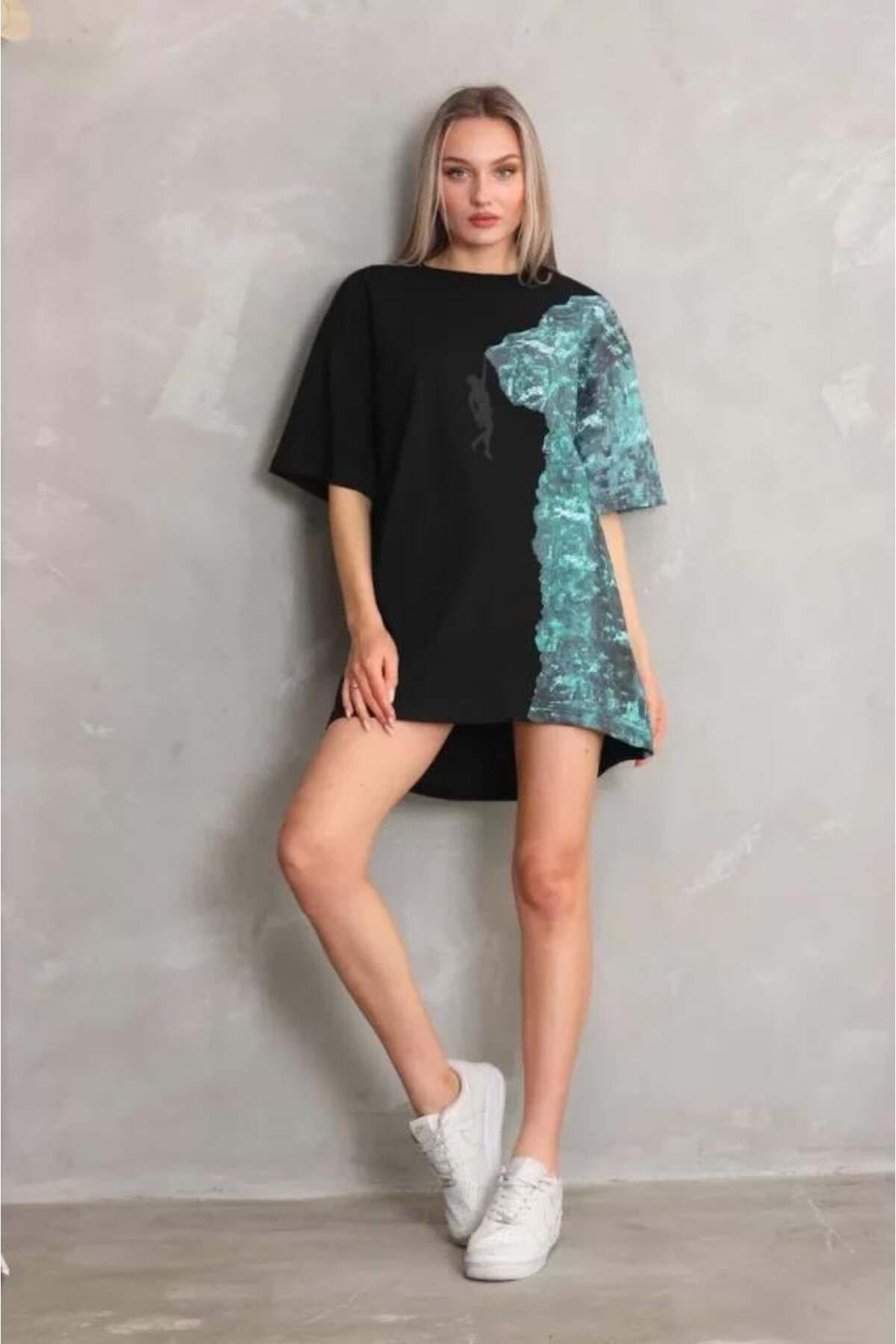 modamtn Unisex Bisiklet Yaka Baskılı Oversize T-Shirt - Siyah