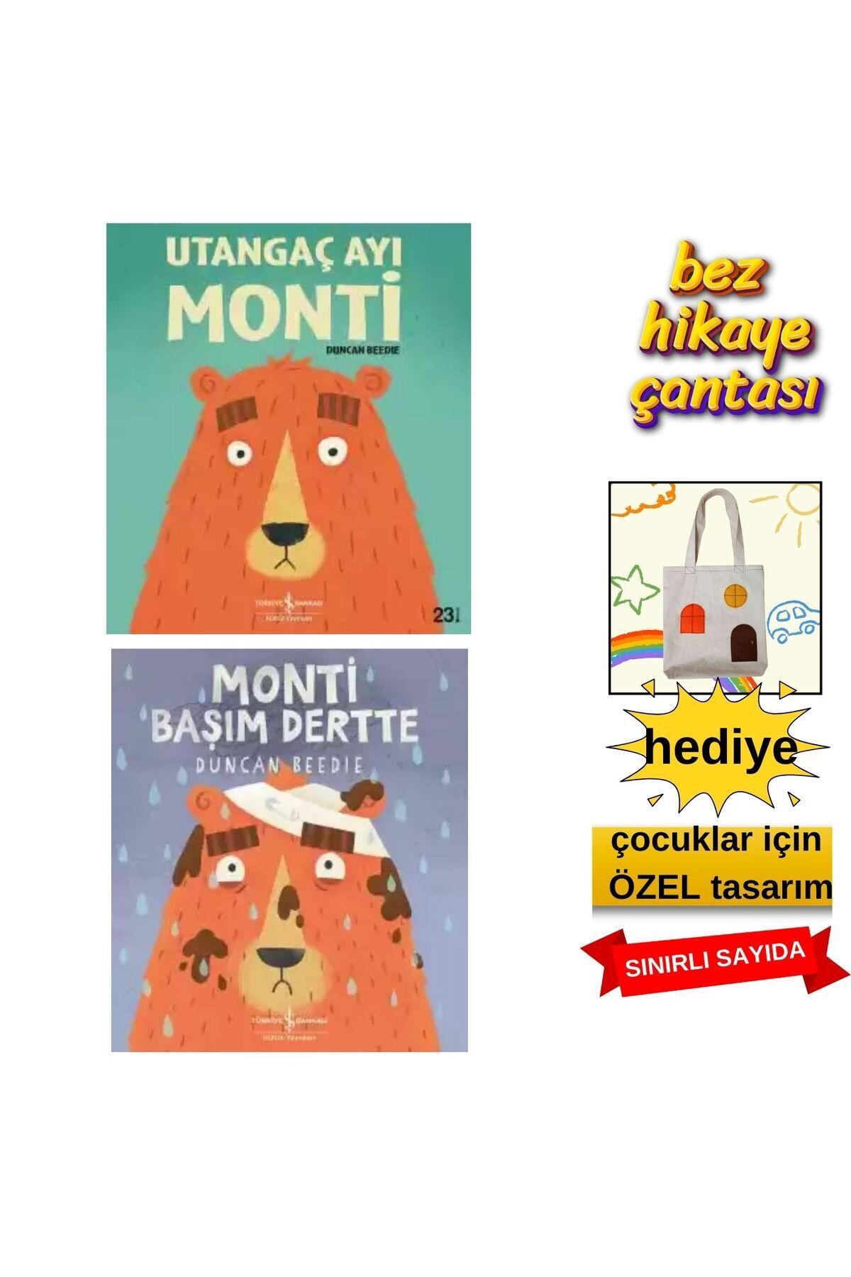 TÜRKİYE İŞ BANKASI KÜLTÜR YAYINLARI Utangaç Ayı Monti Hikaye Kitapları (2 Kitap + Hediye Çanta) – Okul Öncesi & İlk Okuma