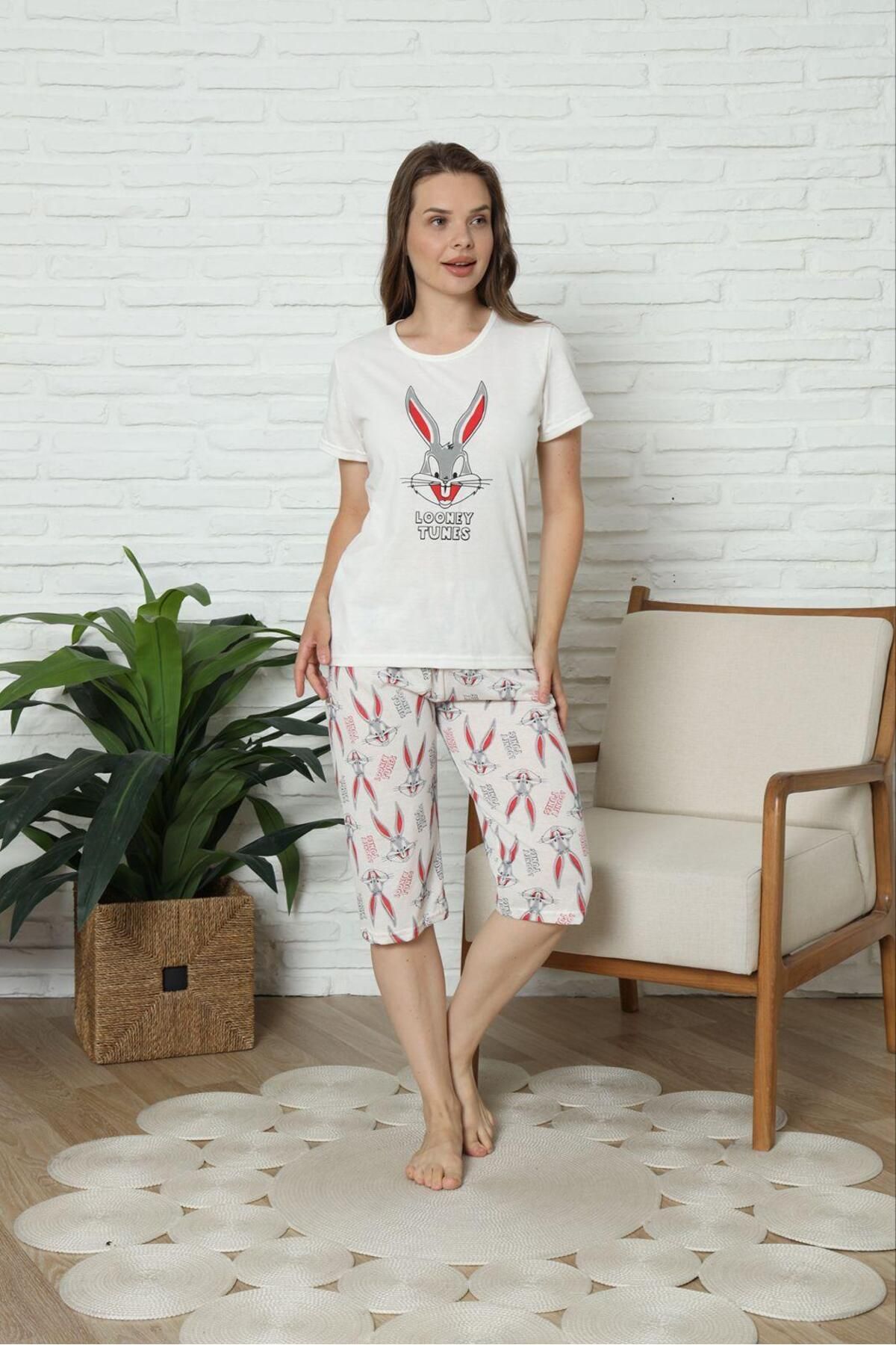 meynur moda Pamuklu Penye Kapri Pijama Takımı