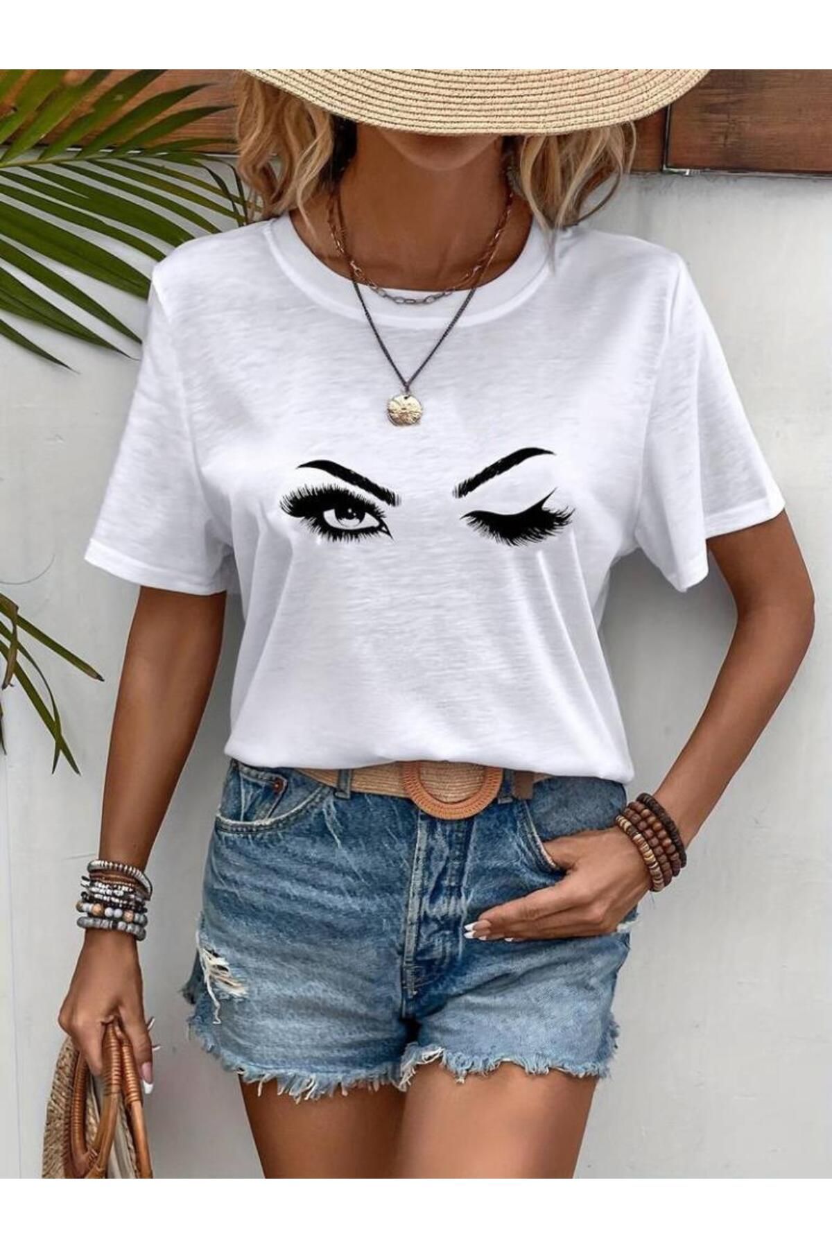 modamtn Kadın Kısa Kollu Bisiklet Yaka Göz Baskılı Süprem T-shirt