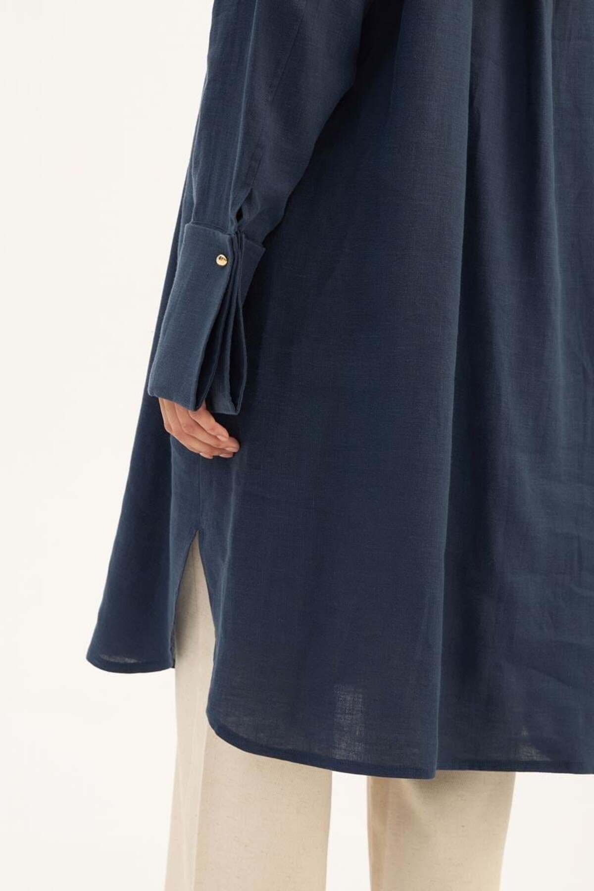 ALYOSHA FASHION Geniş Manşetli %100 Keten TuniK Lacivert